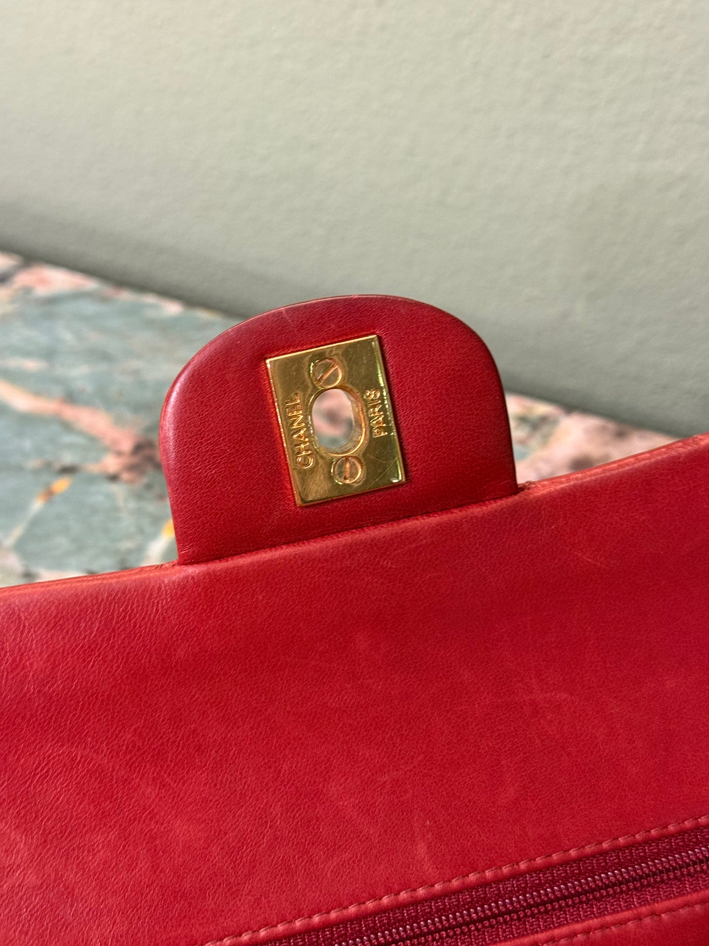 CHANEL RED LAMBSKIN MEDIUM CLASSIC DOUBLE FLAP TIMELESS SHOULDER BAG