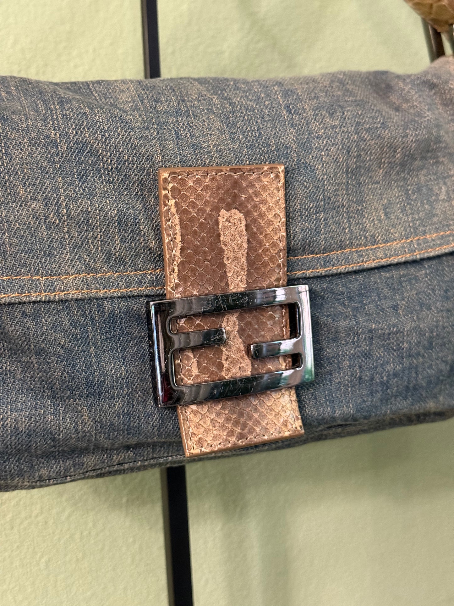 FENDI PYTON DENIM BAGUETTE SHOULDER BAG
