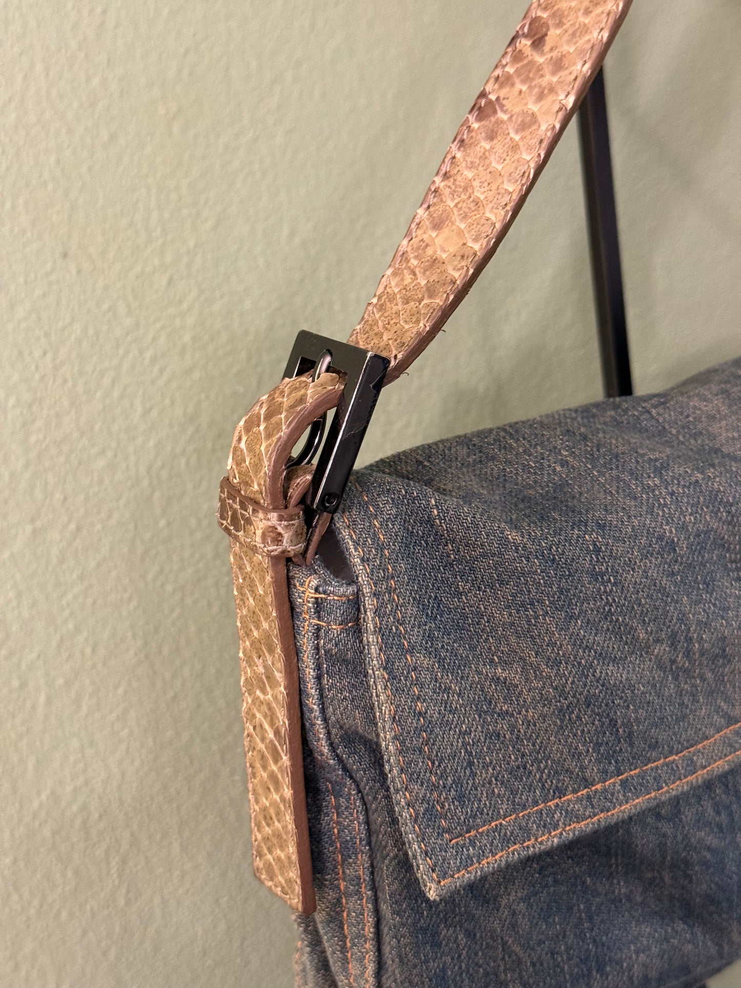 FENDI PYTON DENIM BAGUETTE SHOULDER BAG