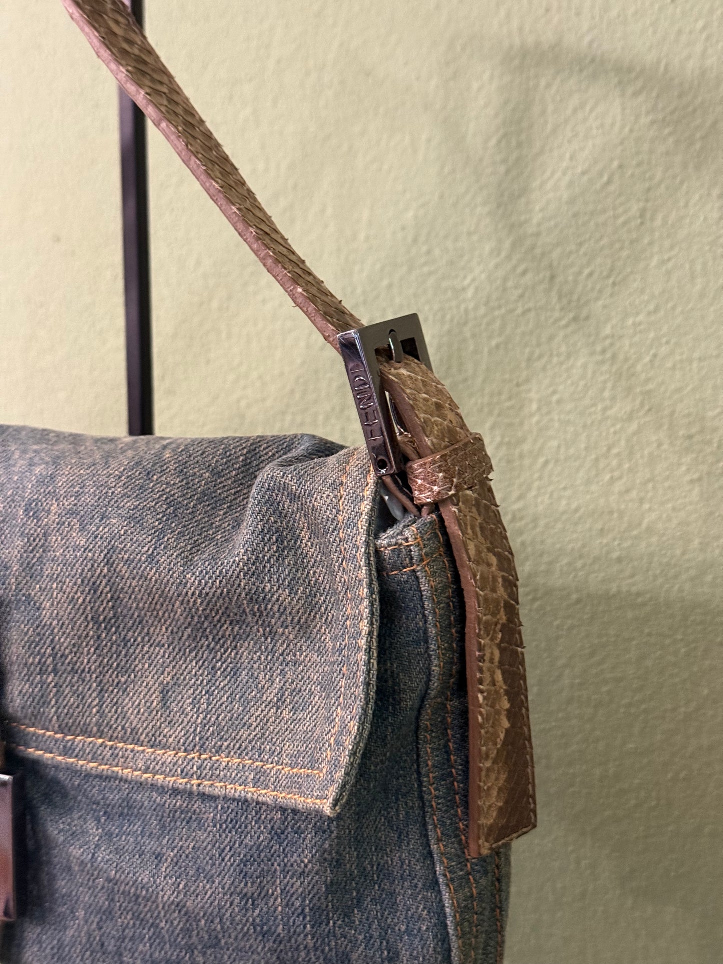 FENDI PYTON DENIM BAGUETTE SHOULDER BAG