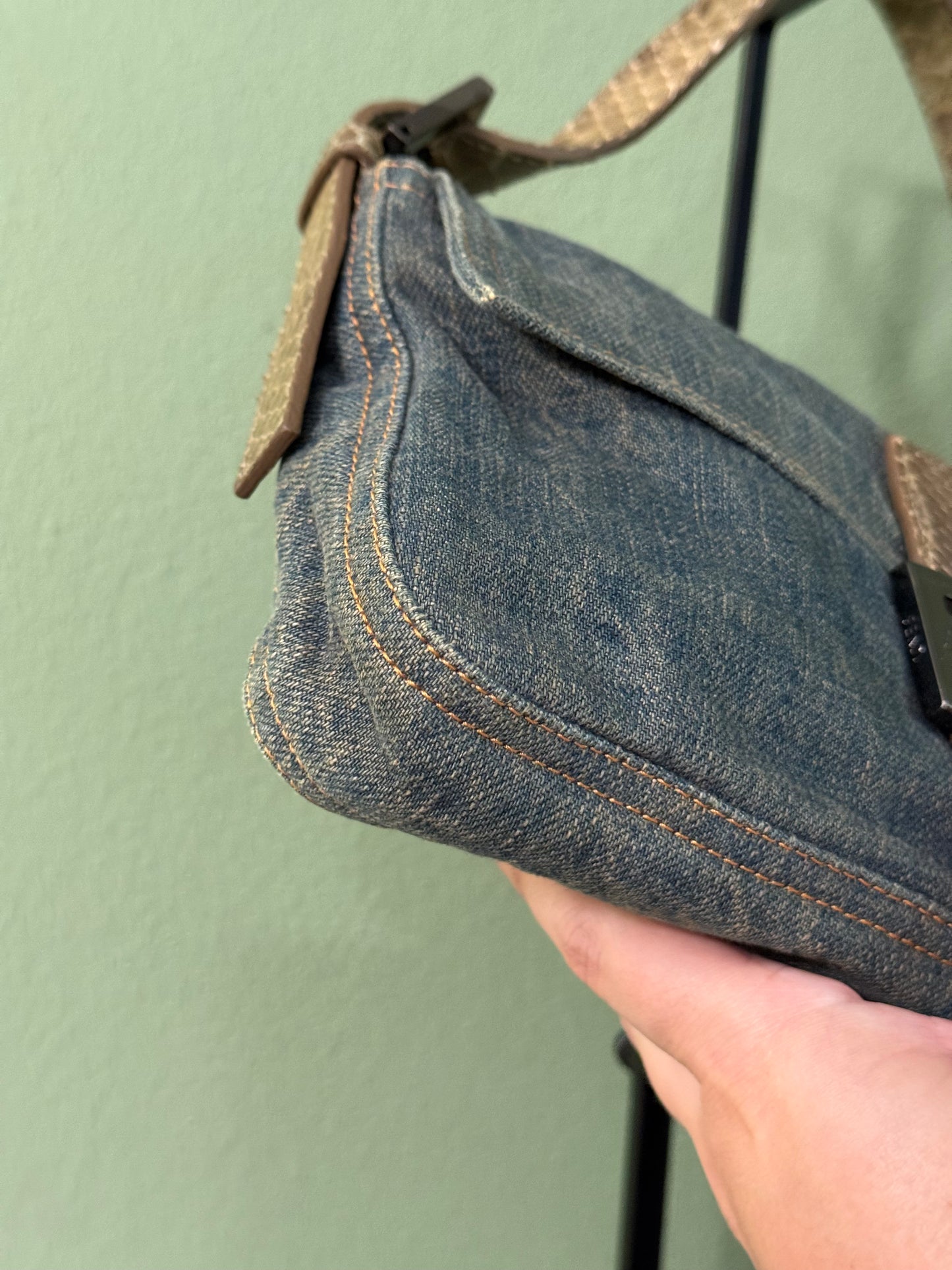 FENDI PYTON DENIM BAGUETTE SHOULDER BAG
