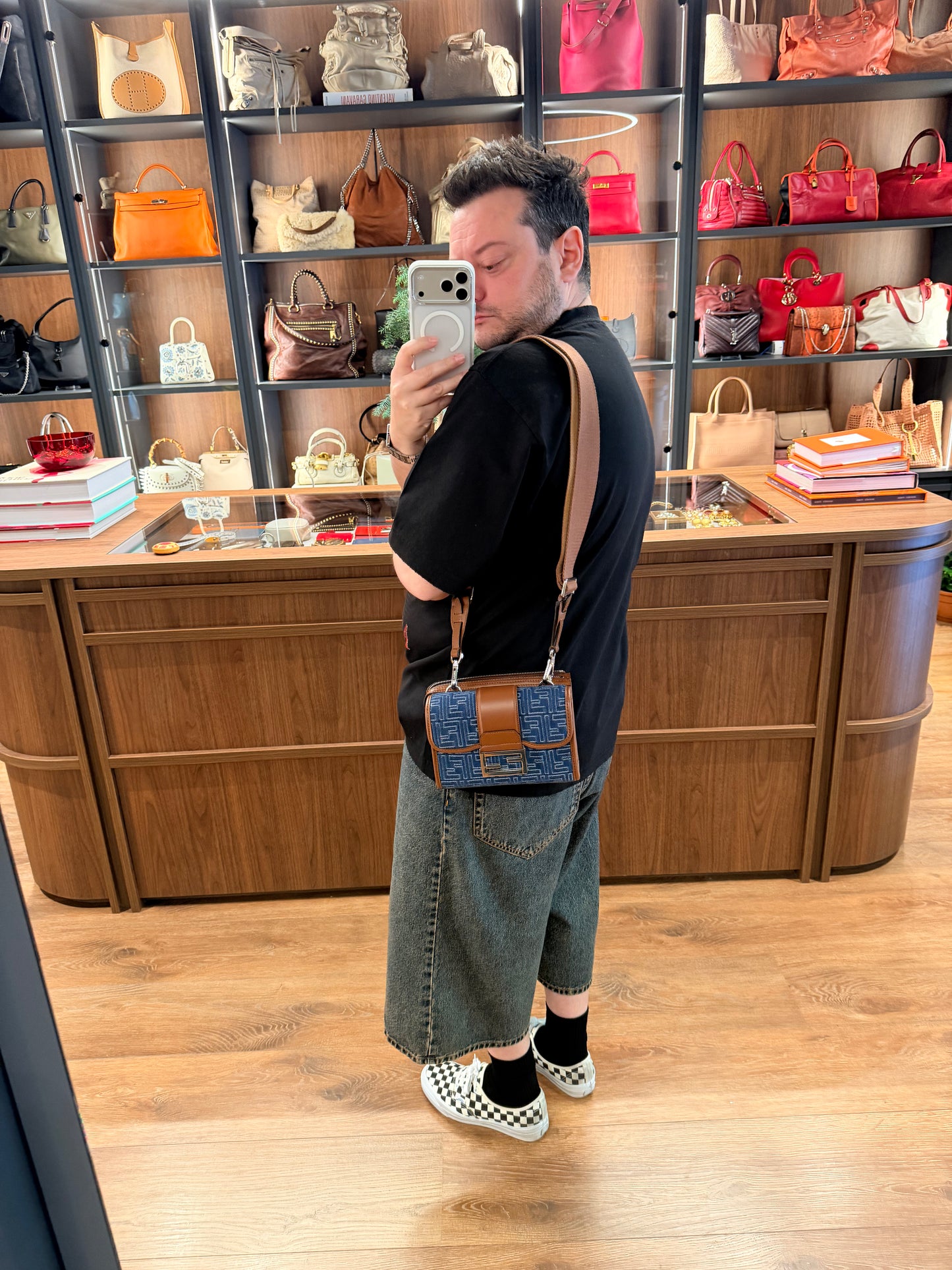 FENDI FF DENIM JAQUARD BAGUETTE DOUBLE CROSSBODY BAG