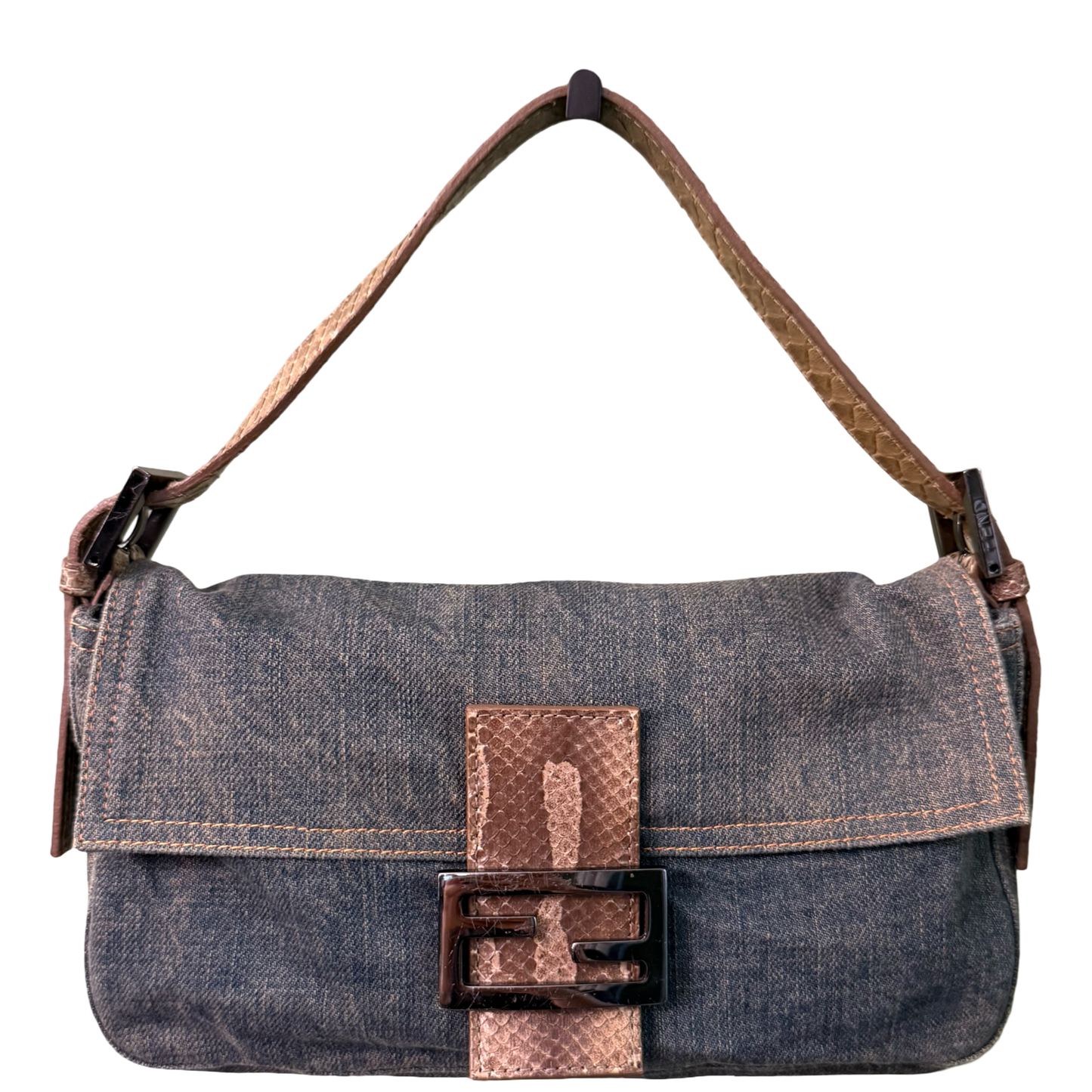 FENDI PYTON DENIM BAGUETTE SHOULDER BAG