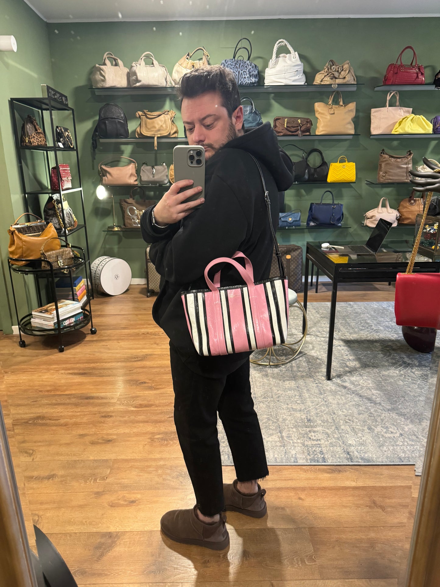 BALENCIAGA PINK STRIPES SMALL BAZAR HANDBAG