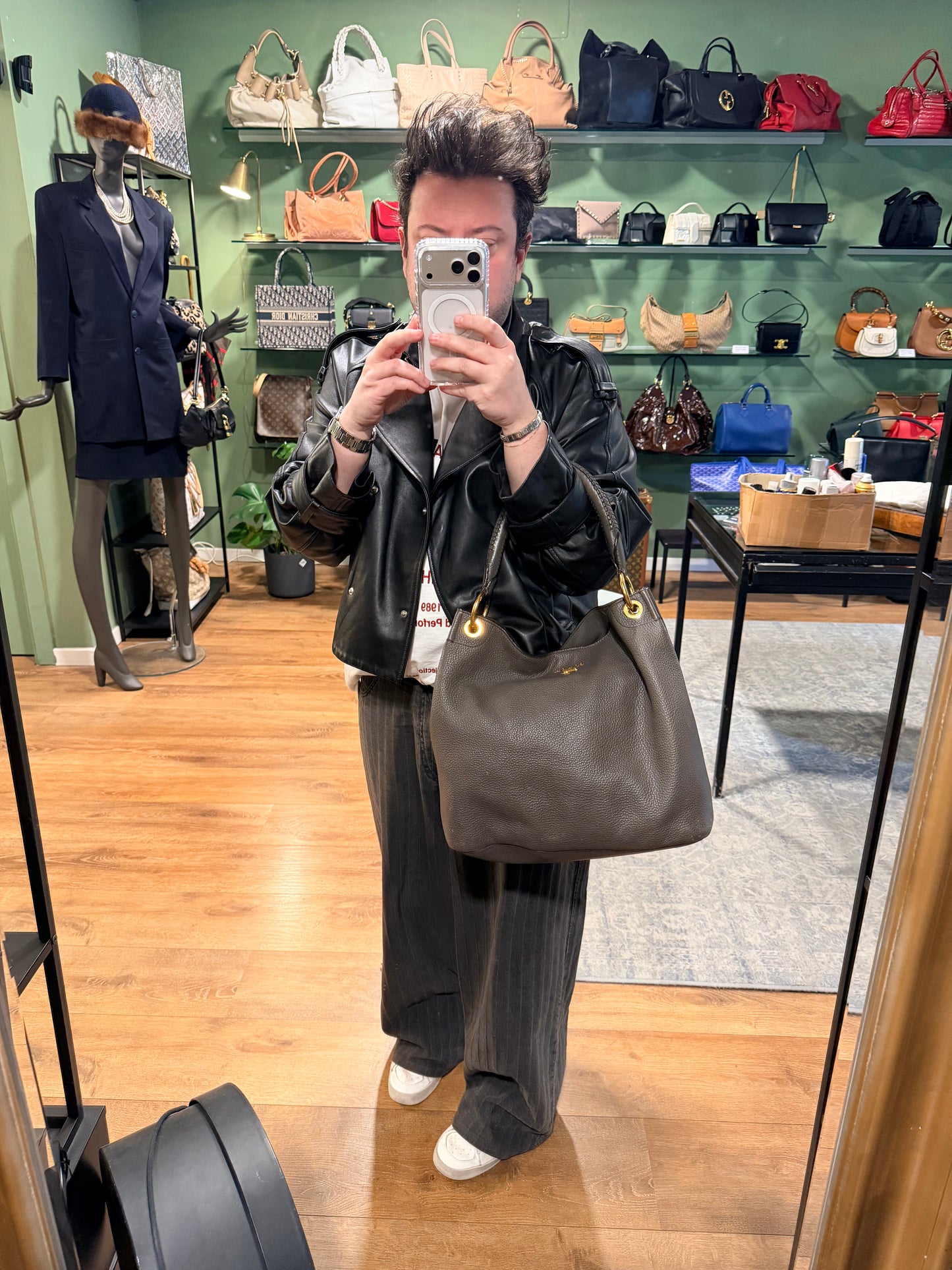 PRADA GRAY DAINO HOBO BAG