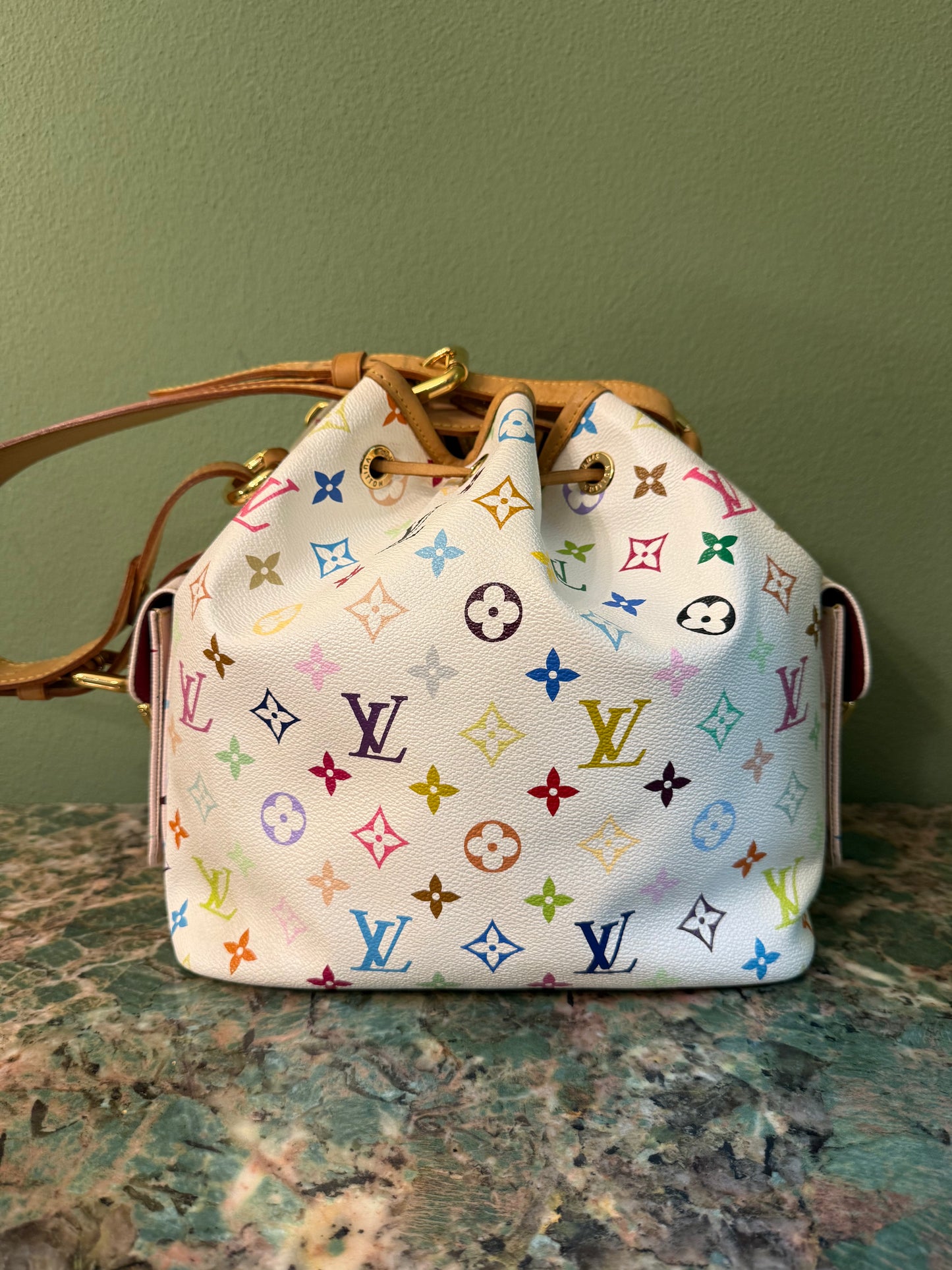 TAKASHI MURAKAMI X LOUIS VUITTON WHITE MULTICOLOR PETIT NOE BUCKET BAG