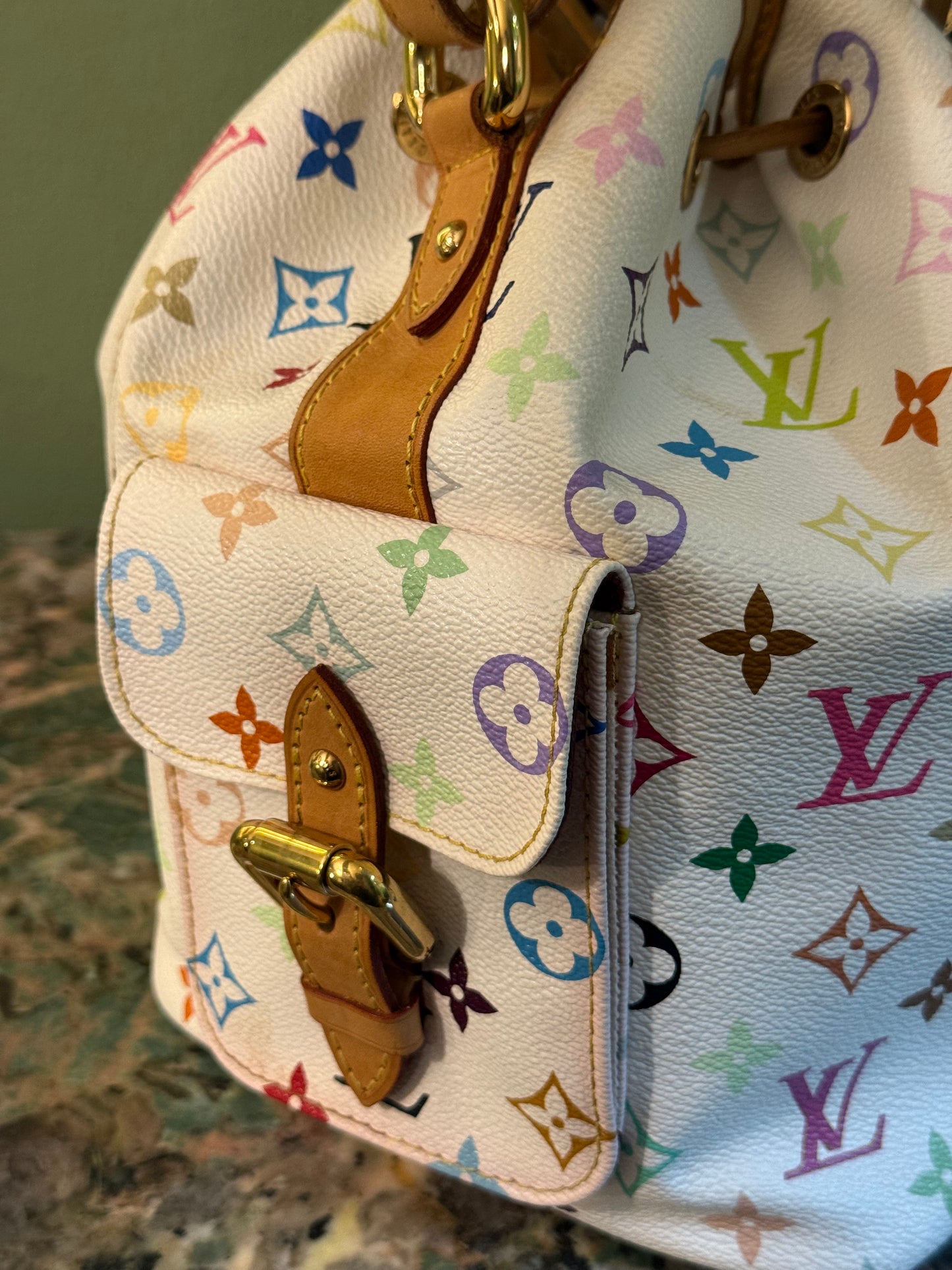 TAKASHI MURAKAMI X LOUIS VUITTON WHITE MULTICOLOR PETIT NOE BUCKET BAG