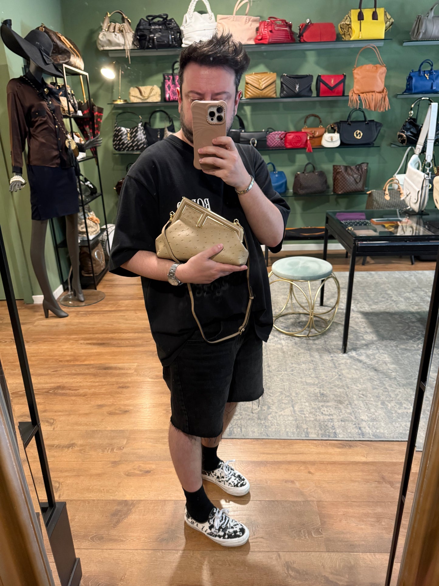 FENDI BEIGE OSTRICH SMALL FIRST CROSSBODY BAG
