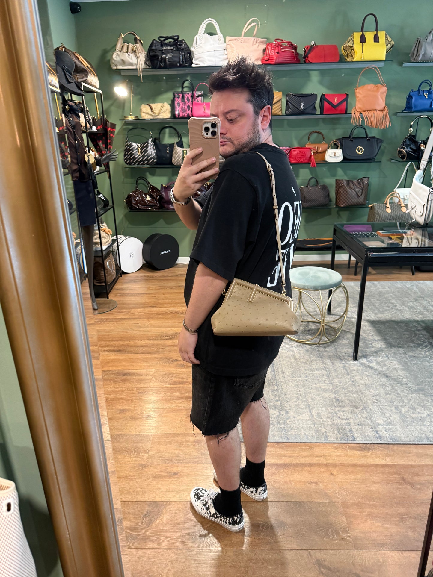 FENDI BEIGE OSTRICH SMALL FIRST CROSSBODY BAG