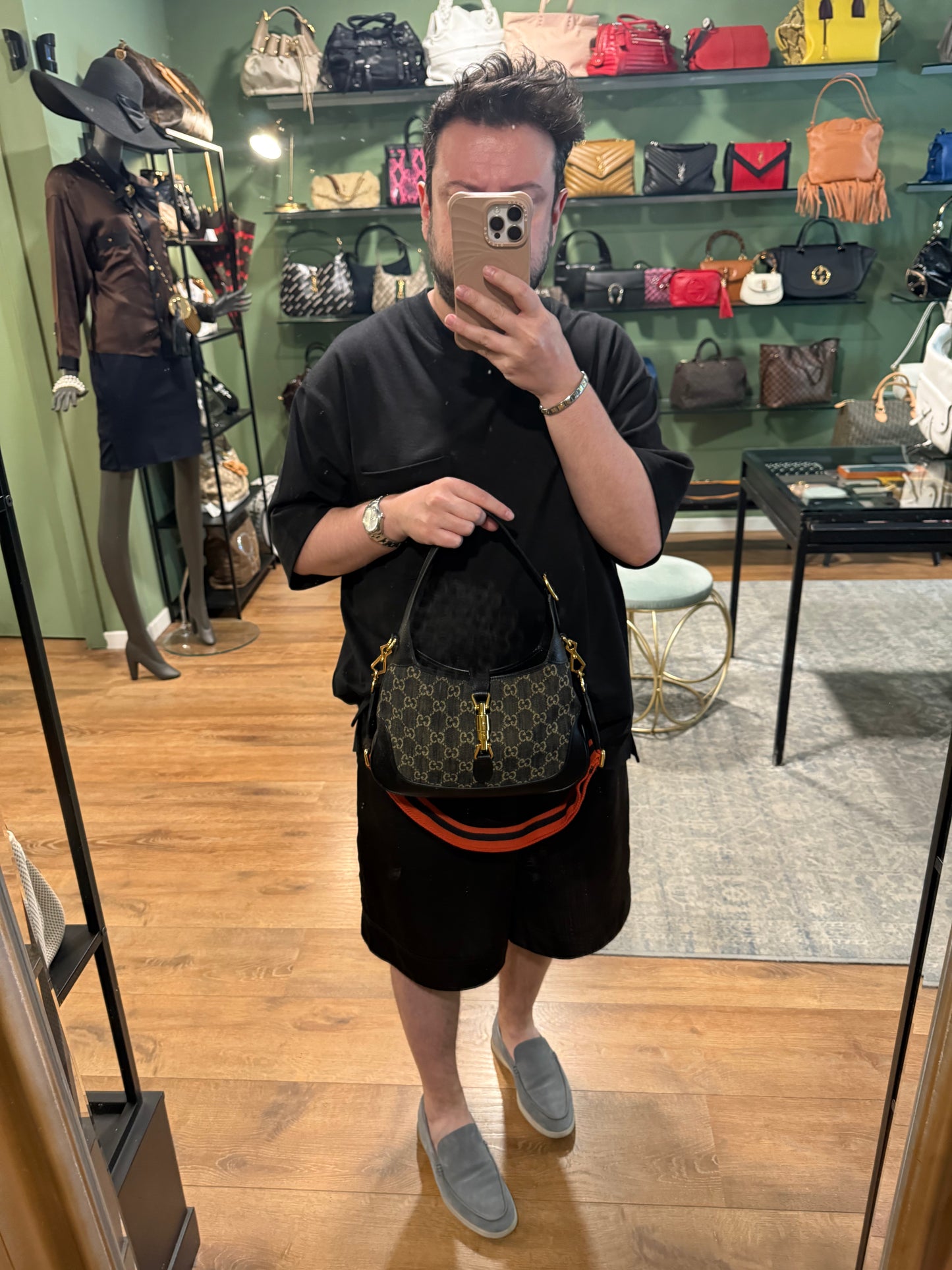 GUCCI BLACK DENIM MEDIUM JACKIE 1961 SHOULDER BAG