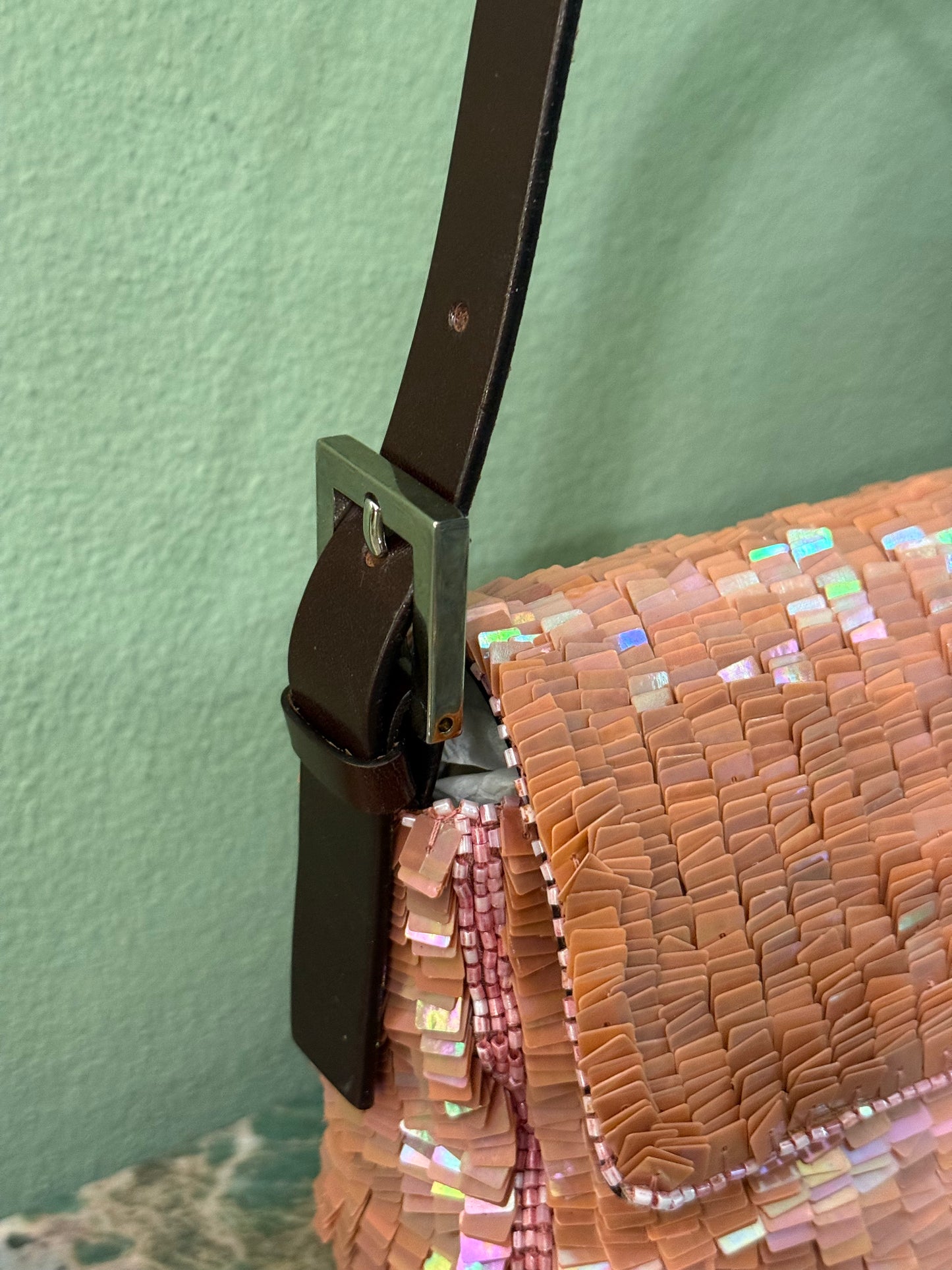 FENDI PINK FULL SEQUINS BAGUETTE SHOULDER BAG