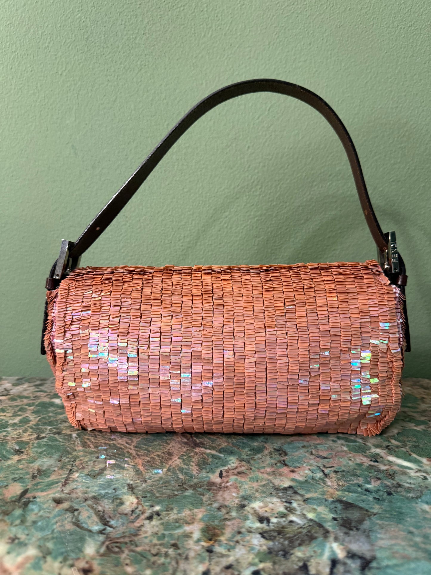 FENDI PINK FULL SEQUINS BAGUETTE SHOULDER BAG