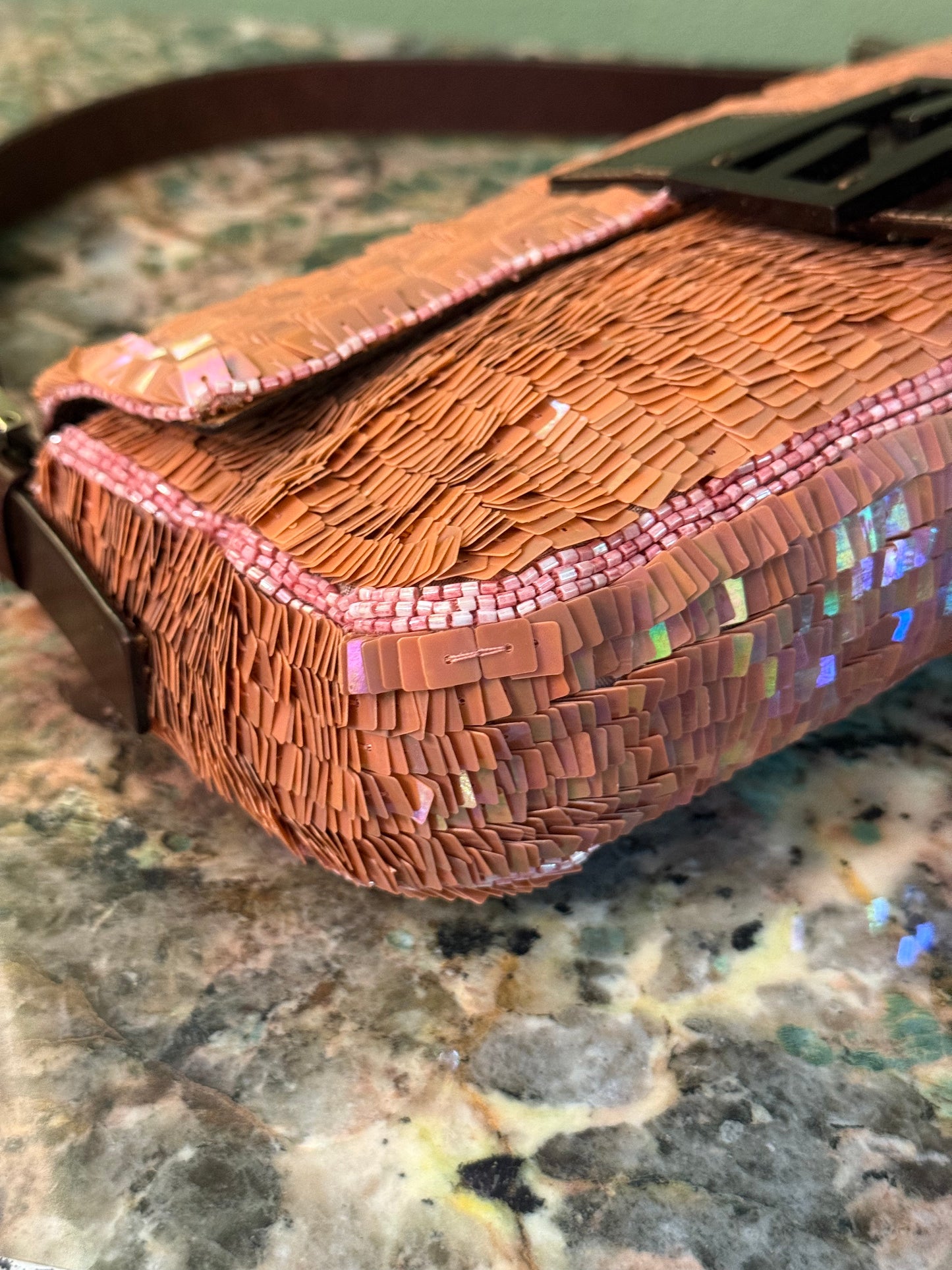 FENDI PINK FULL SEQUINS BAGUETTE SHOULDER BAG