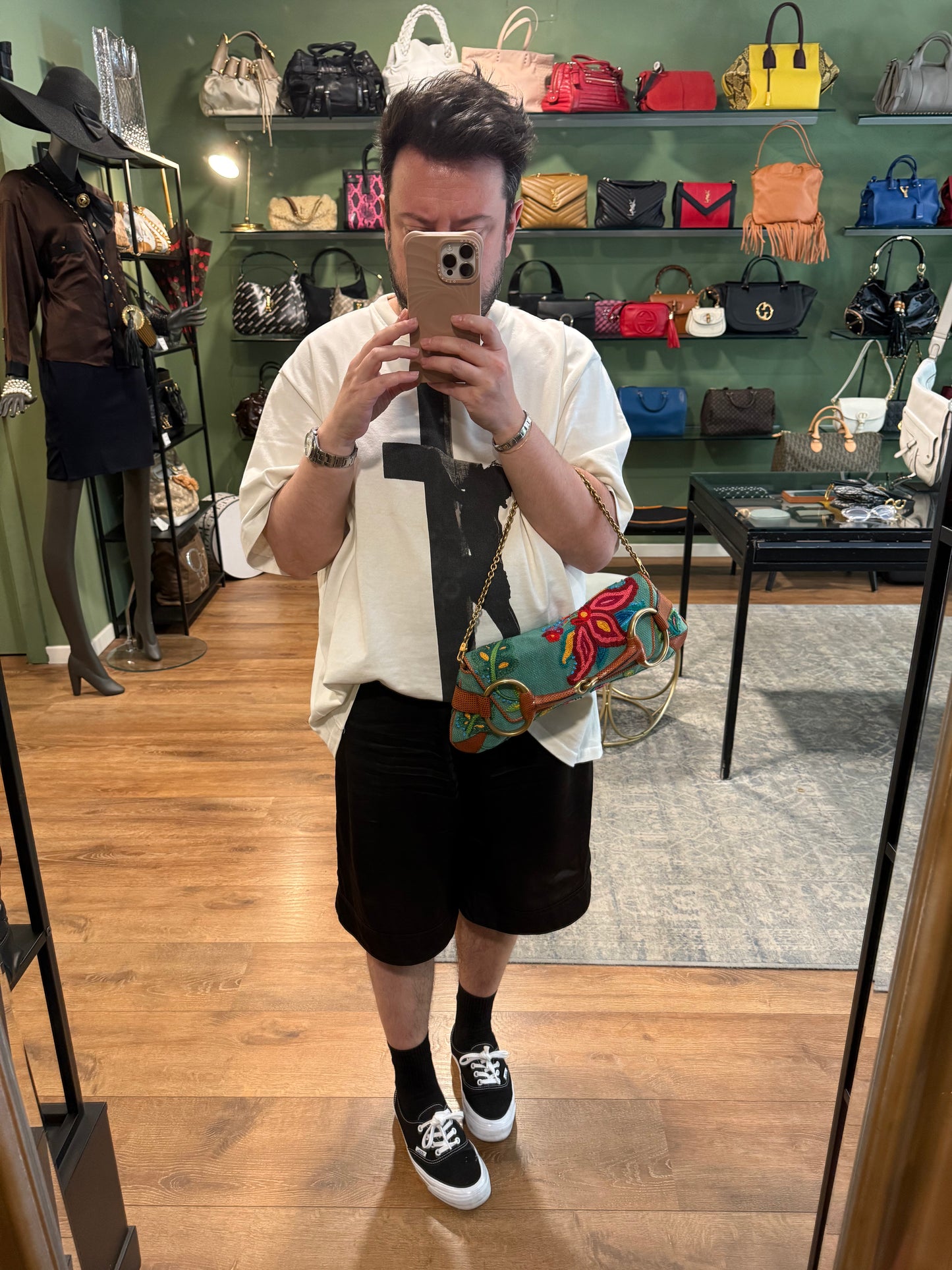 GUCCI BY TOM FORD EMBROIDERED LARGE HORSEBIT CHAIN SHOULDER BAG