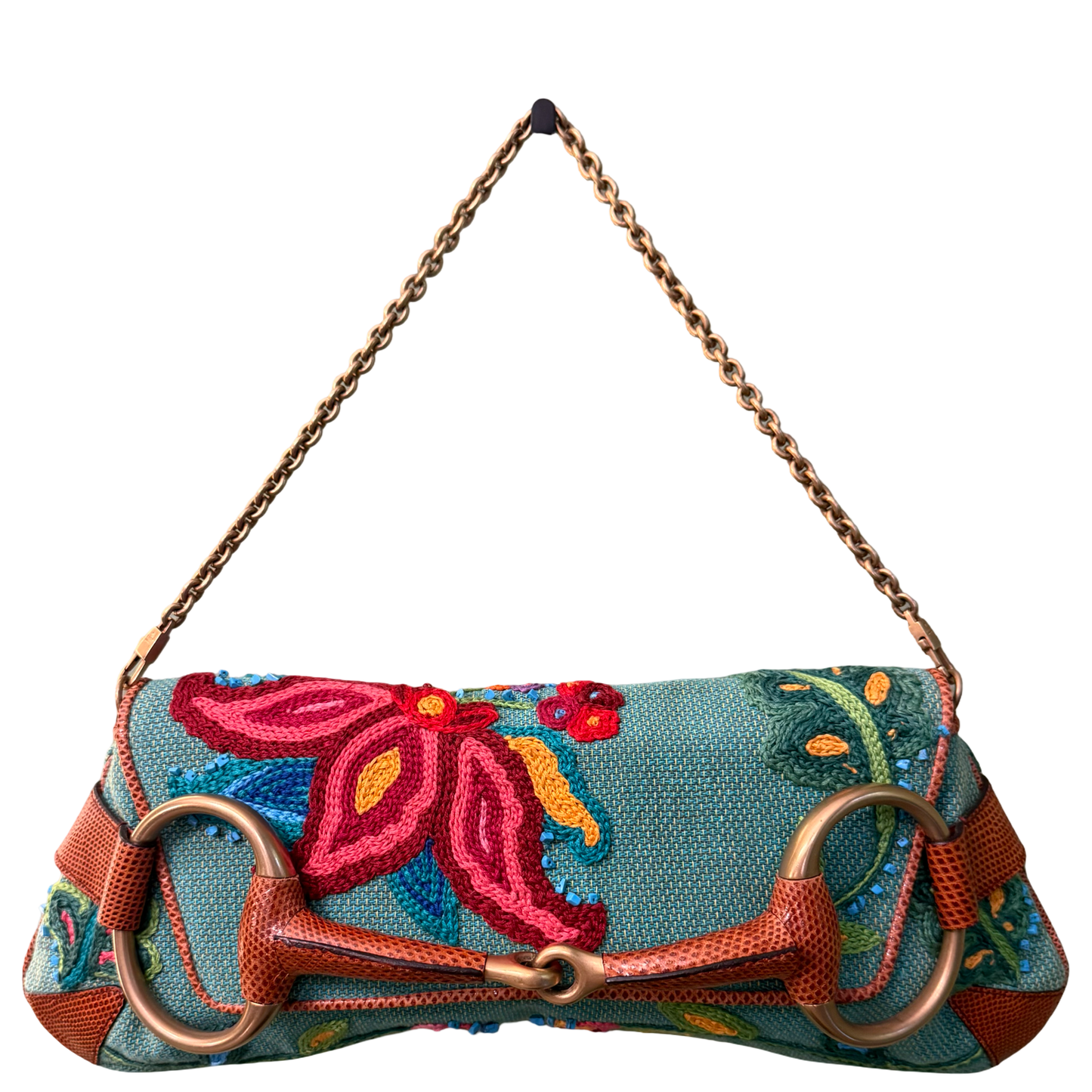 GUCCI BY TOM FORD EMBROIDERED LARGE HORSEBIT CHAIN SHOULDER BAG