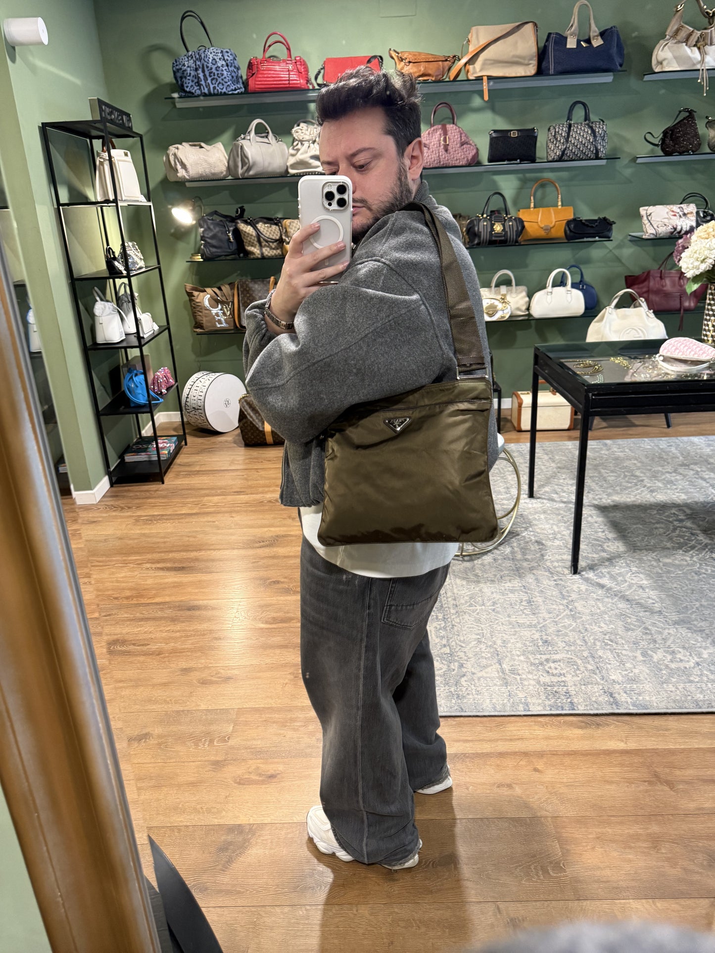 PRADA KHAKI NYLON MEDIUM FLAT CROSSBODY BAG