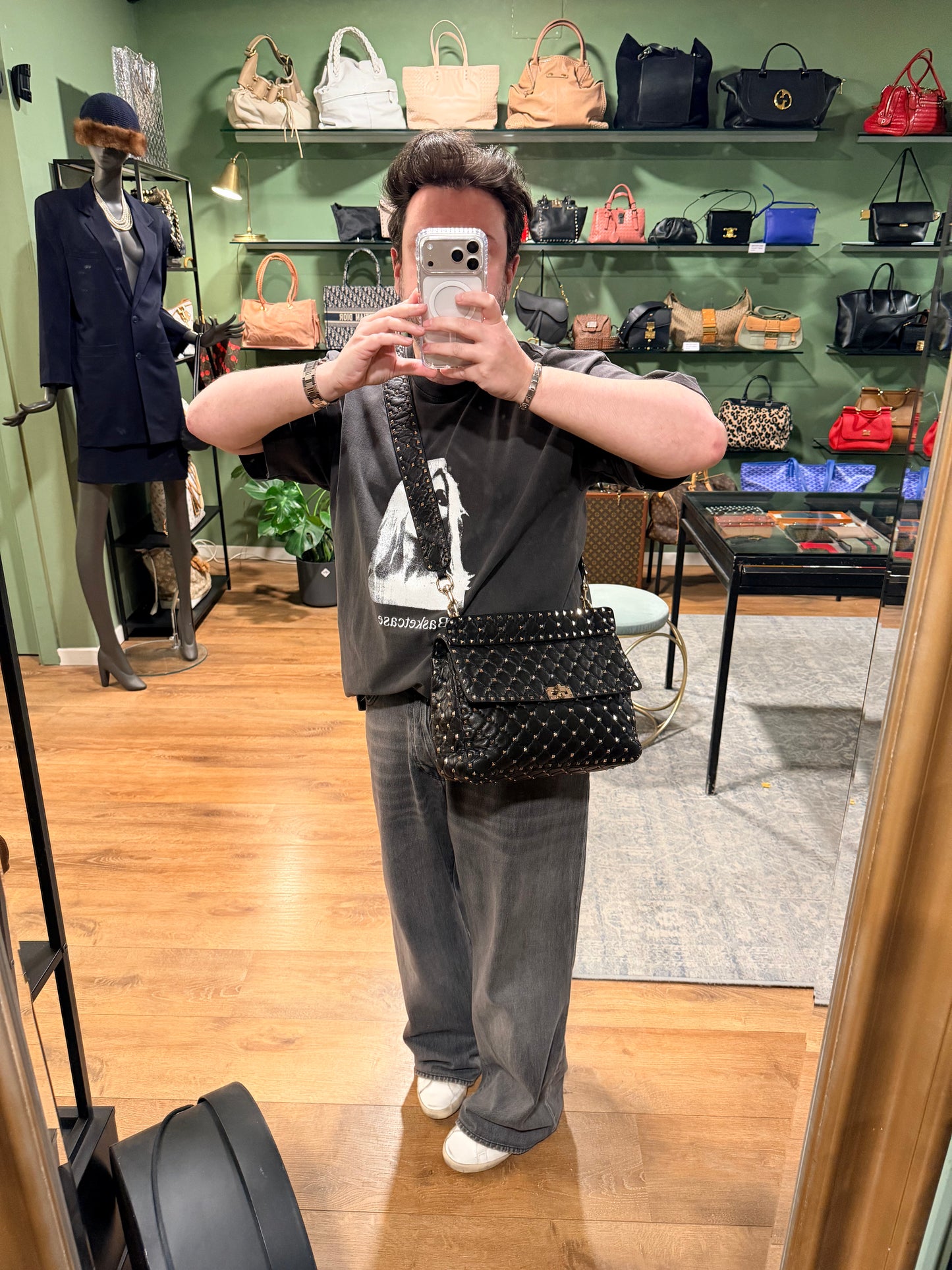VALENTINO BLACK LARGE ROCKSTUD SPIKE HANDBAG