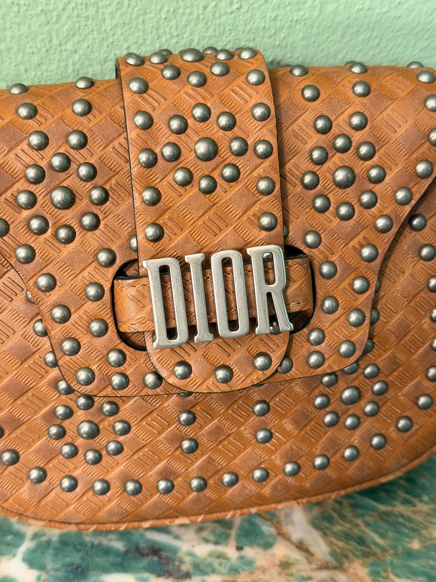DIOR BROWN STUDDED MINI ADDICT CROSSBODY BAG