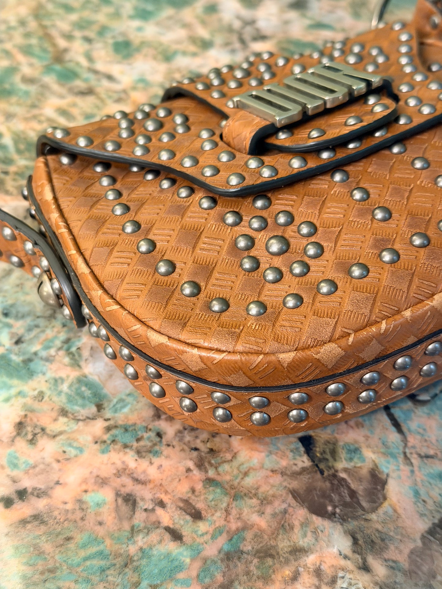 DIOR BROWN STUDDED MINI ADDICT CROSSBODY BAG