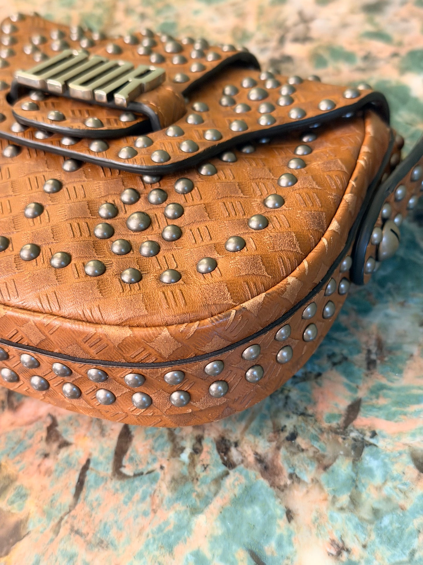 DIOR BROWN STUDDED MINI ADDICT CROSSBODY BAG