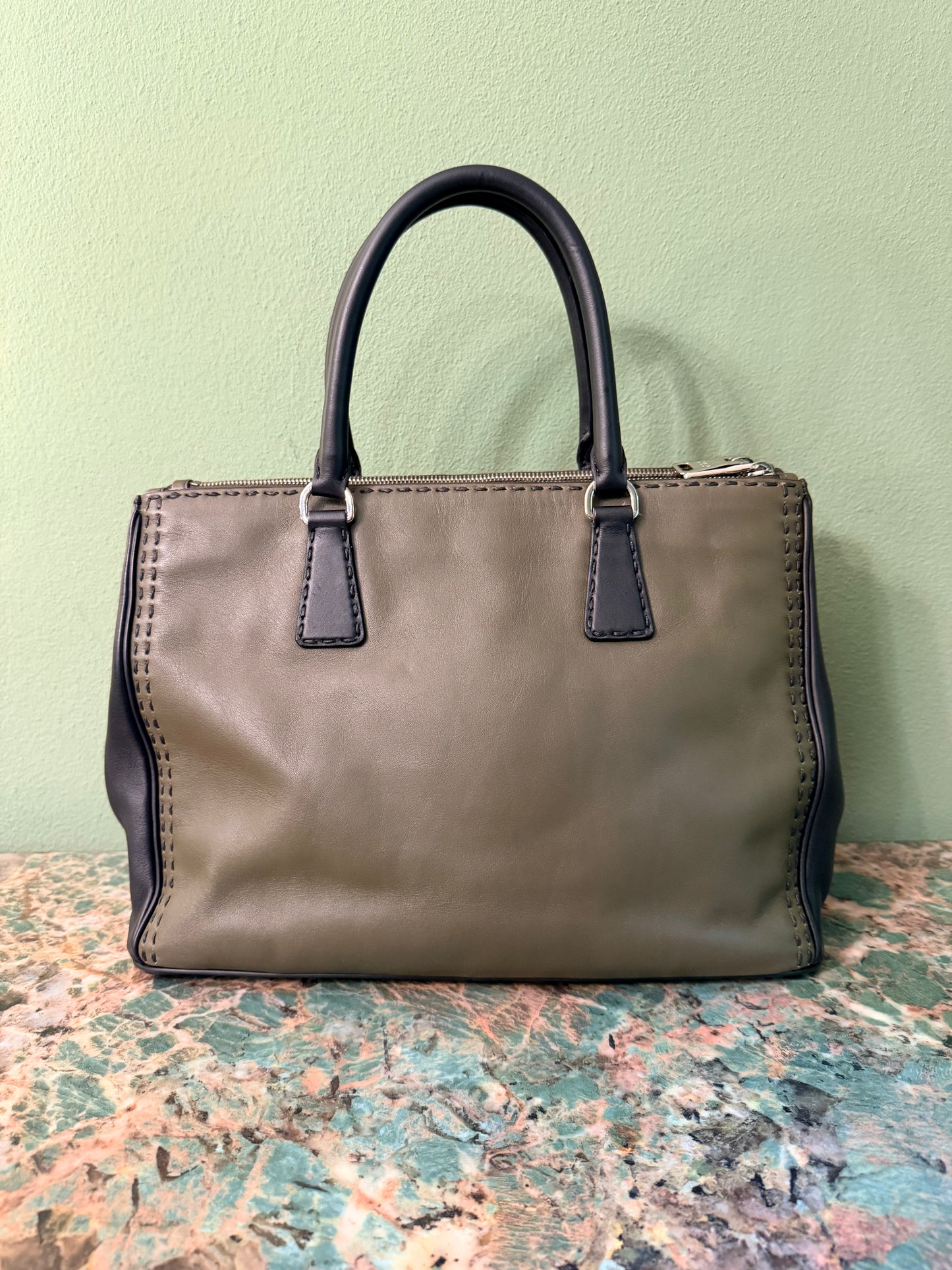 PRADA HAND STITCHED BI COLOR MEDIUM GALLERIA HANDBAG