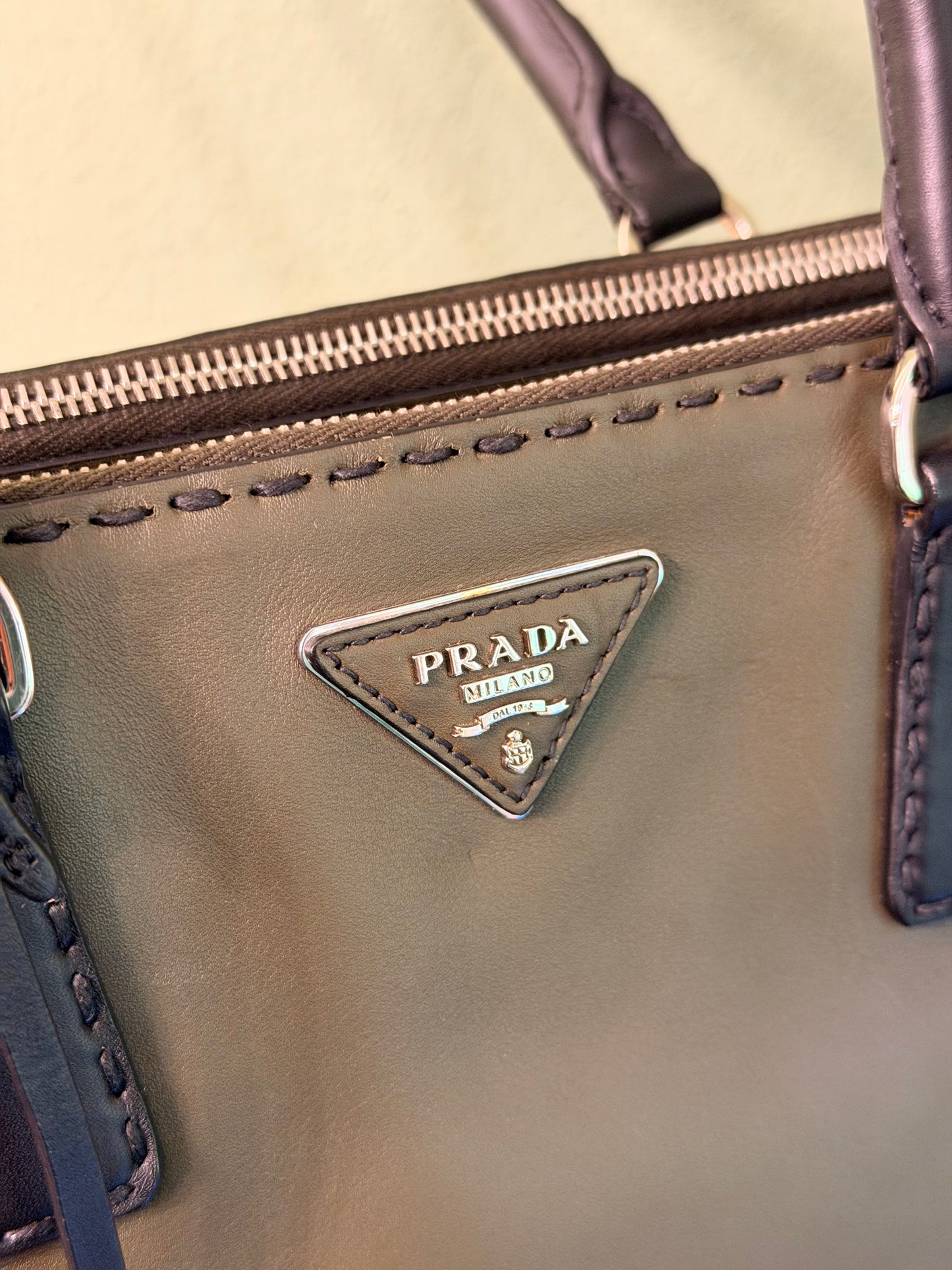 PRADA HAND STITCHED BI COLOR MEDIUM GALLERIA HANDBAG