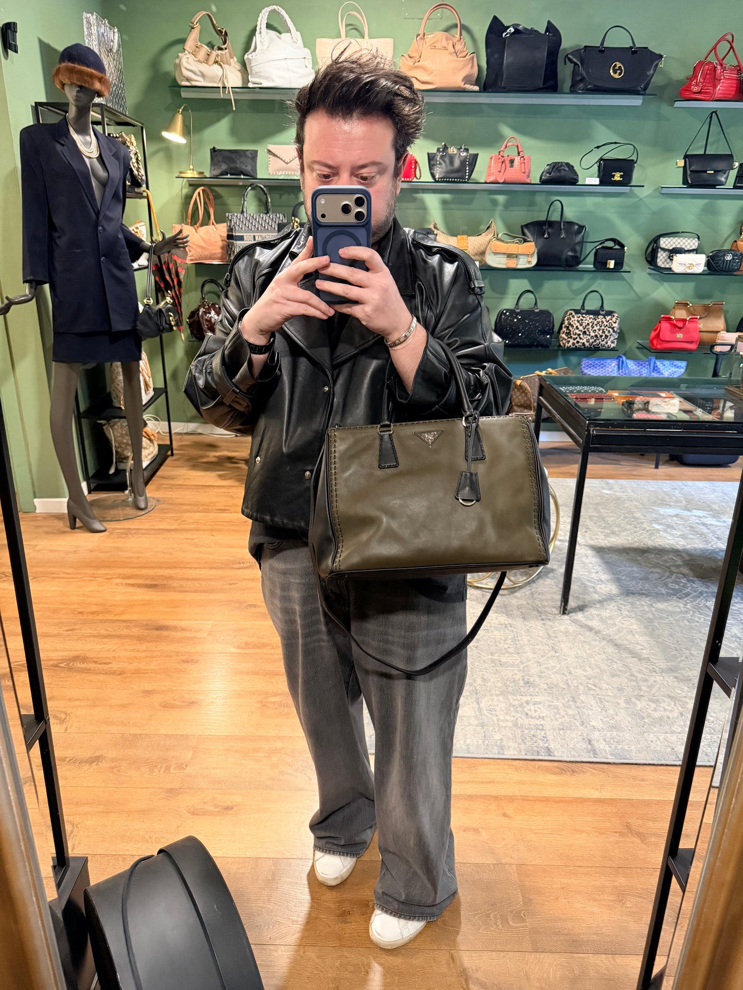 PRADA HAND STITCHED BI COLOR MEDIUM GALLERIA HANDBAG