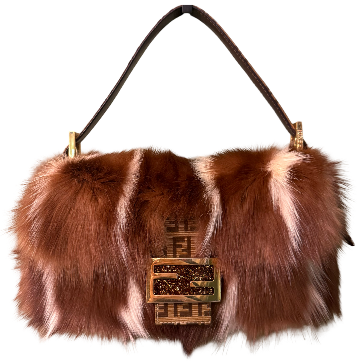 FENDI BROWN SKUNK FUR BAGUETTE SHOULDER BAG