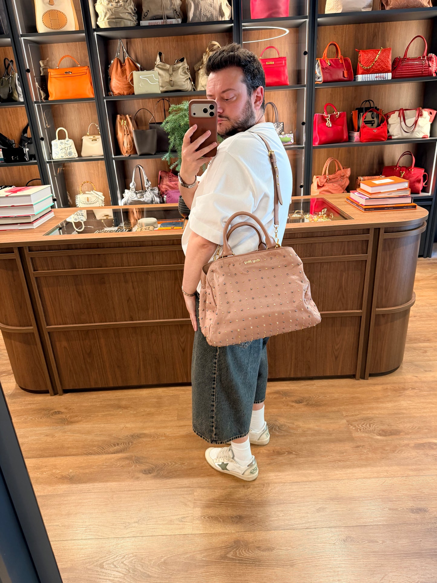 MIU MIU POWDER STUDDED TWO WAY HANDBAG