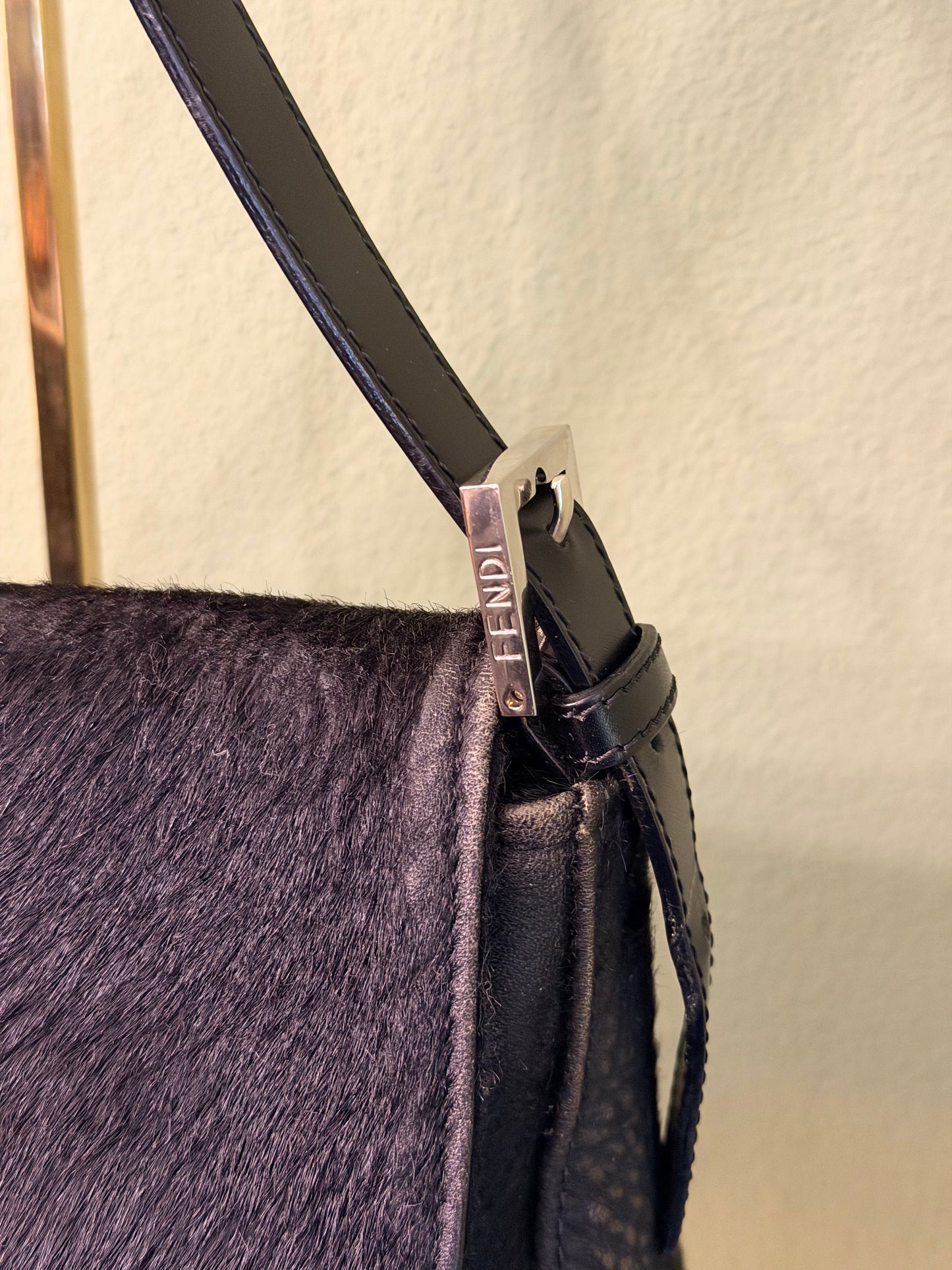 FENDI BLACK PONYHAIR MAMA BAGUETTE SHOULDER BAG