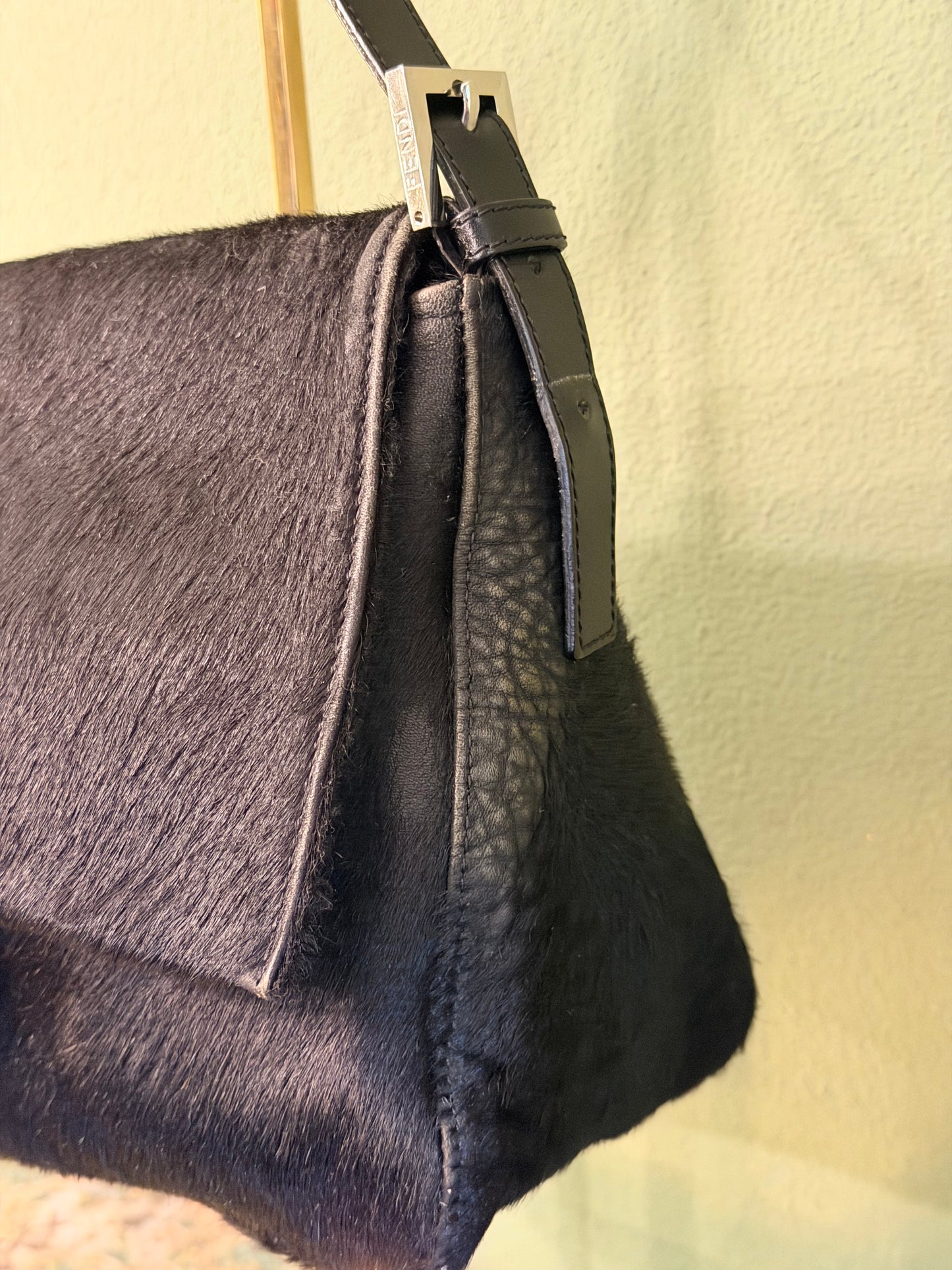 FENDI BLACK PONYHAIR MAMA BAGUETTE SHOULDER BAG