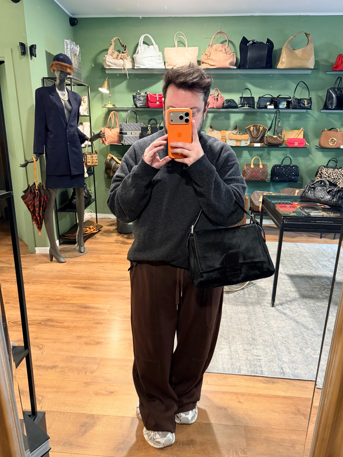 FENDI BLACK PONYHAIR MAMA BAGUETTE SHOULDER BAG