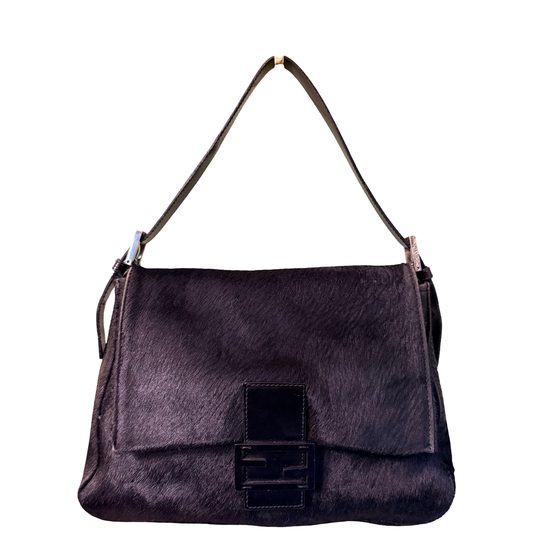 FENDI BLACK PONYHAIR MAMA BAGUETTE SHOULDER BAG