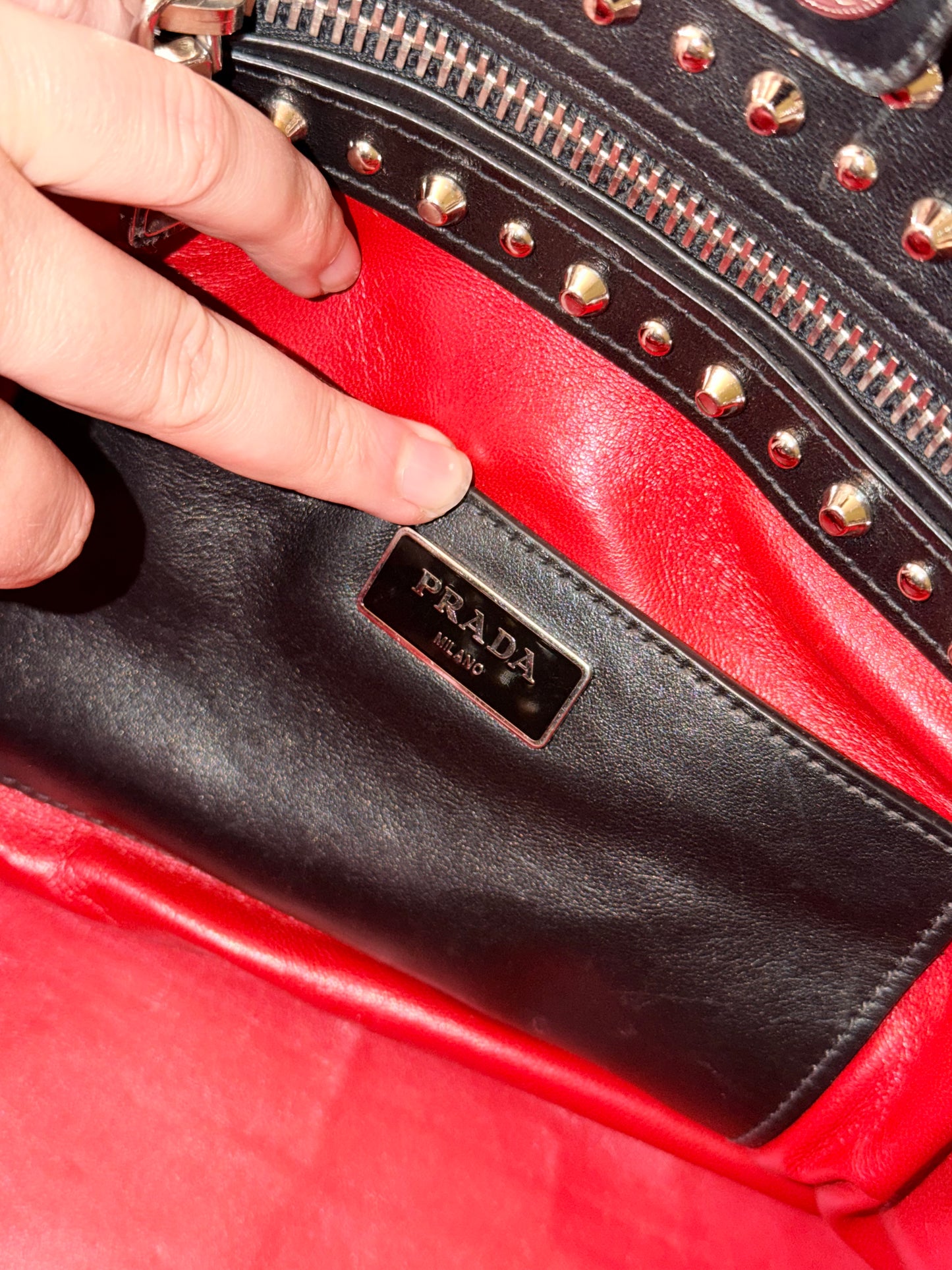 PRADA BLACK STUDDED TWO WAY HANDBAG