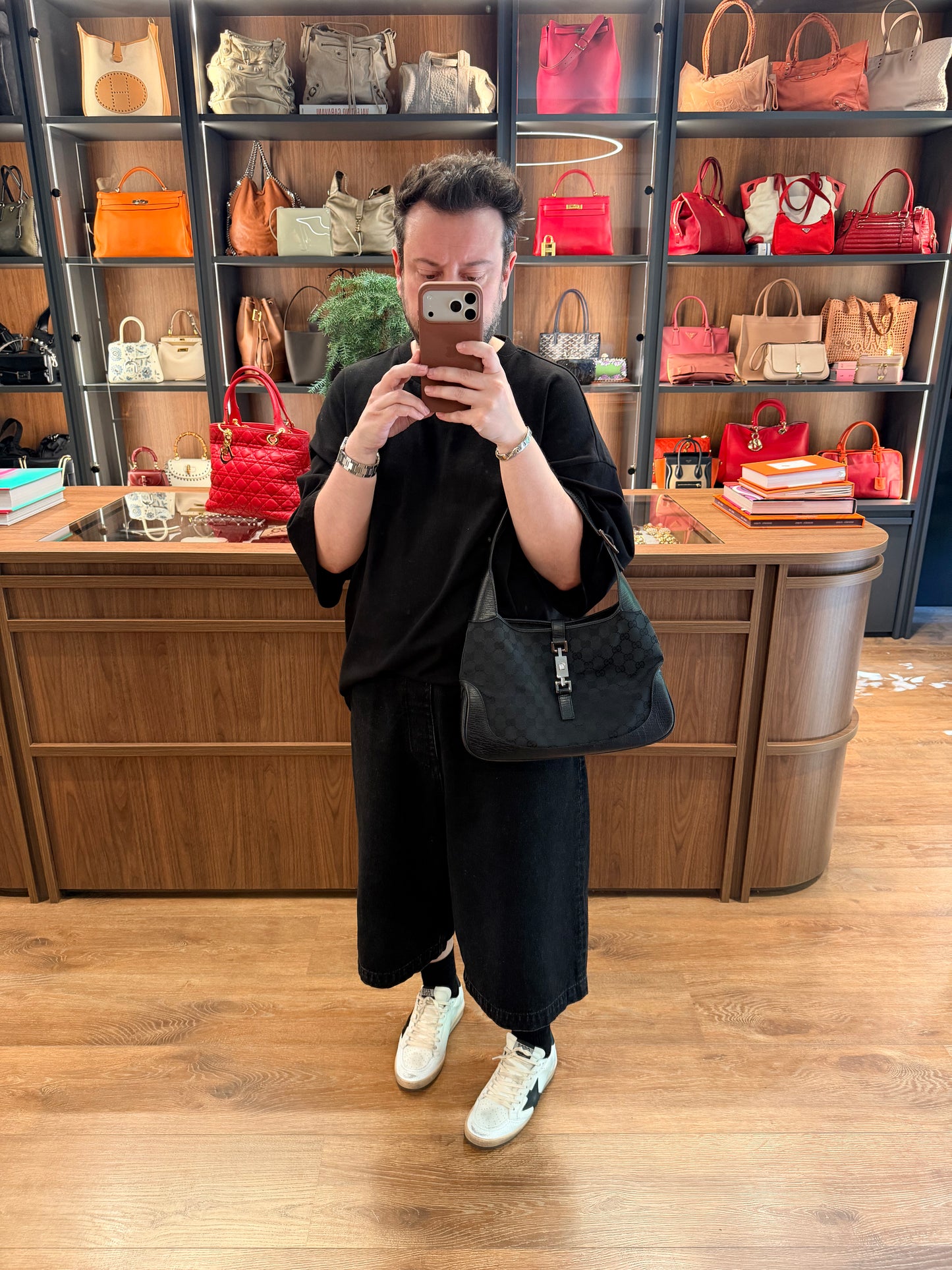 GUCCI BY TOM FORD BLACK GG CANVAS JACKIE SHOULDER BAG