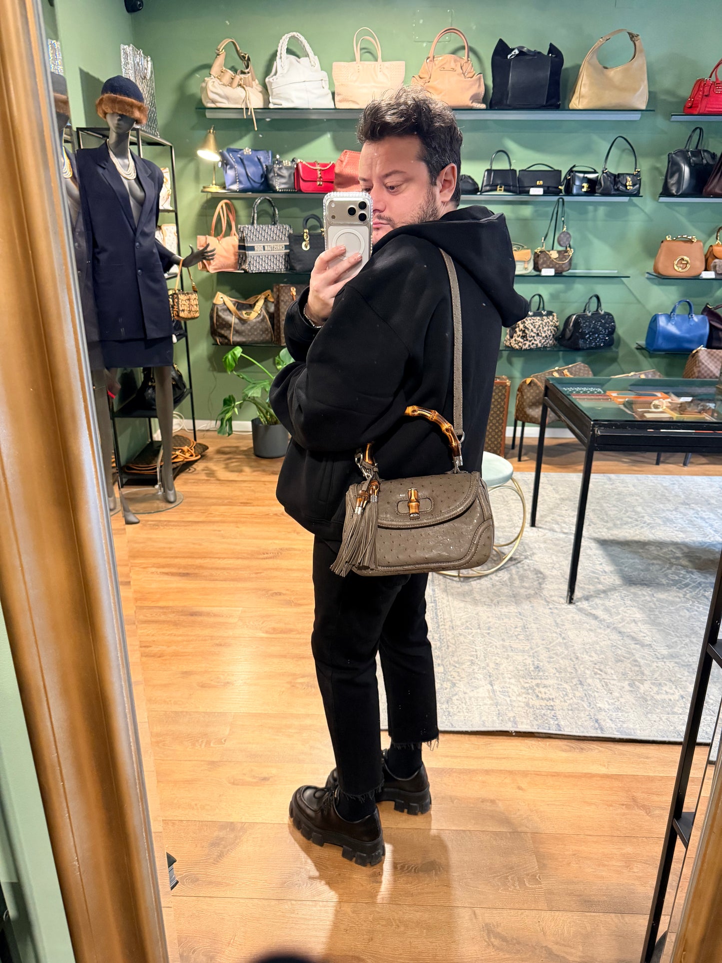 GUCCI GREEN OSTRICH MEDIUM BAMBOO TOP HANDLE BAG