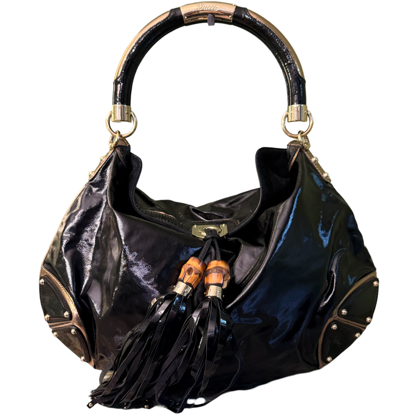 GUCCI BLACK PATENT LARGE INDY SHOULDER BAG