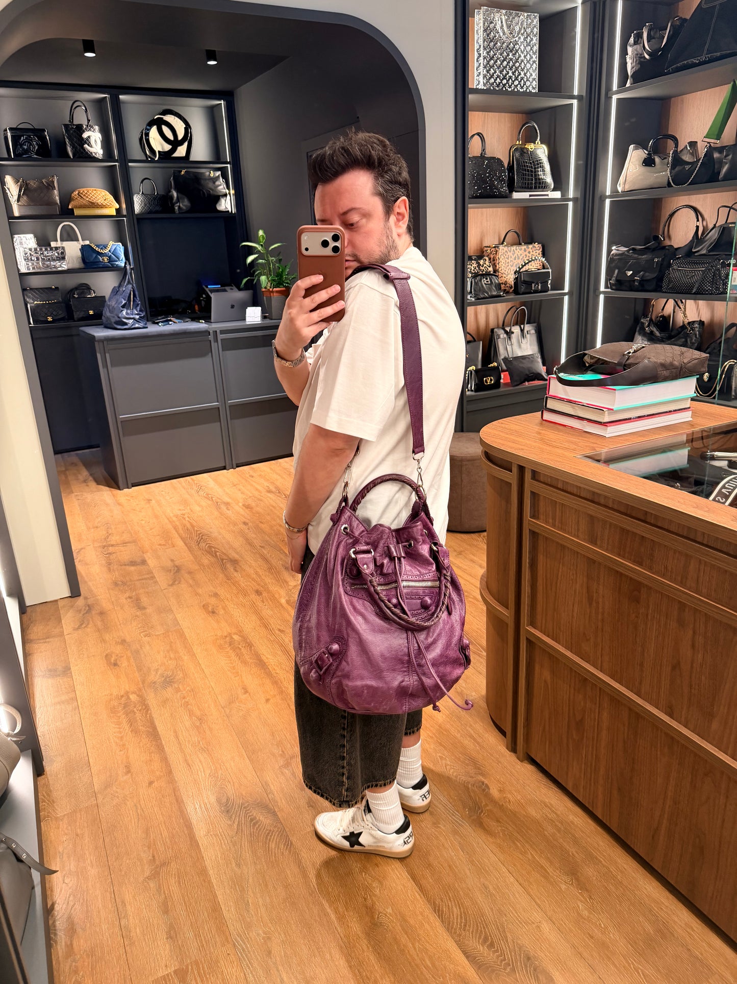 BALENCIAGA PURPLE LARGE POMPON BUCKET BAG
