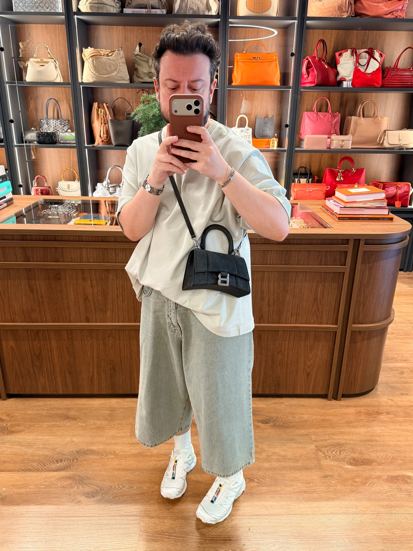 BALENCIAGA GREY GLITTER FABRIC HOURGLASS XS CROSSBODY BAG