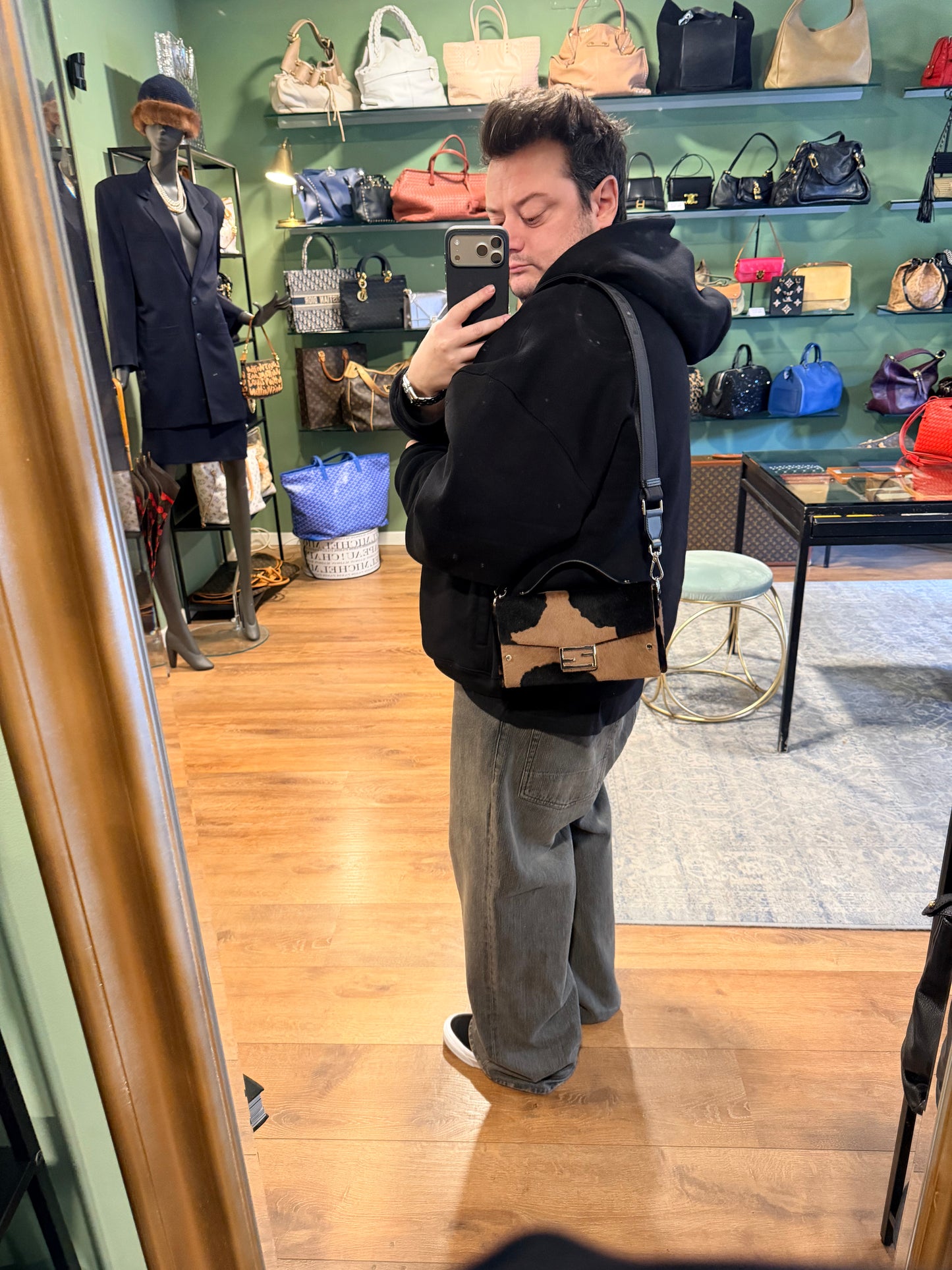 FENDI COWPRINT PONYHAIR BOX BAGUETTE CROSSBODY BAG