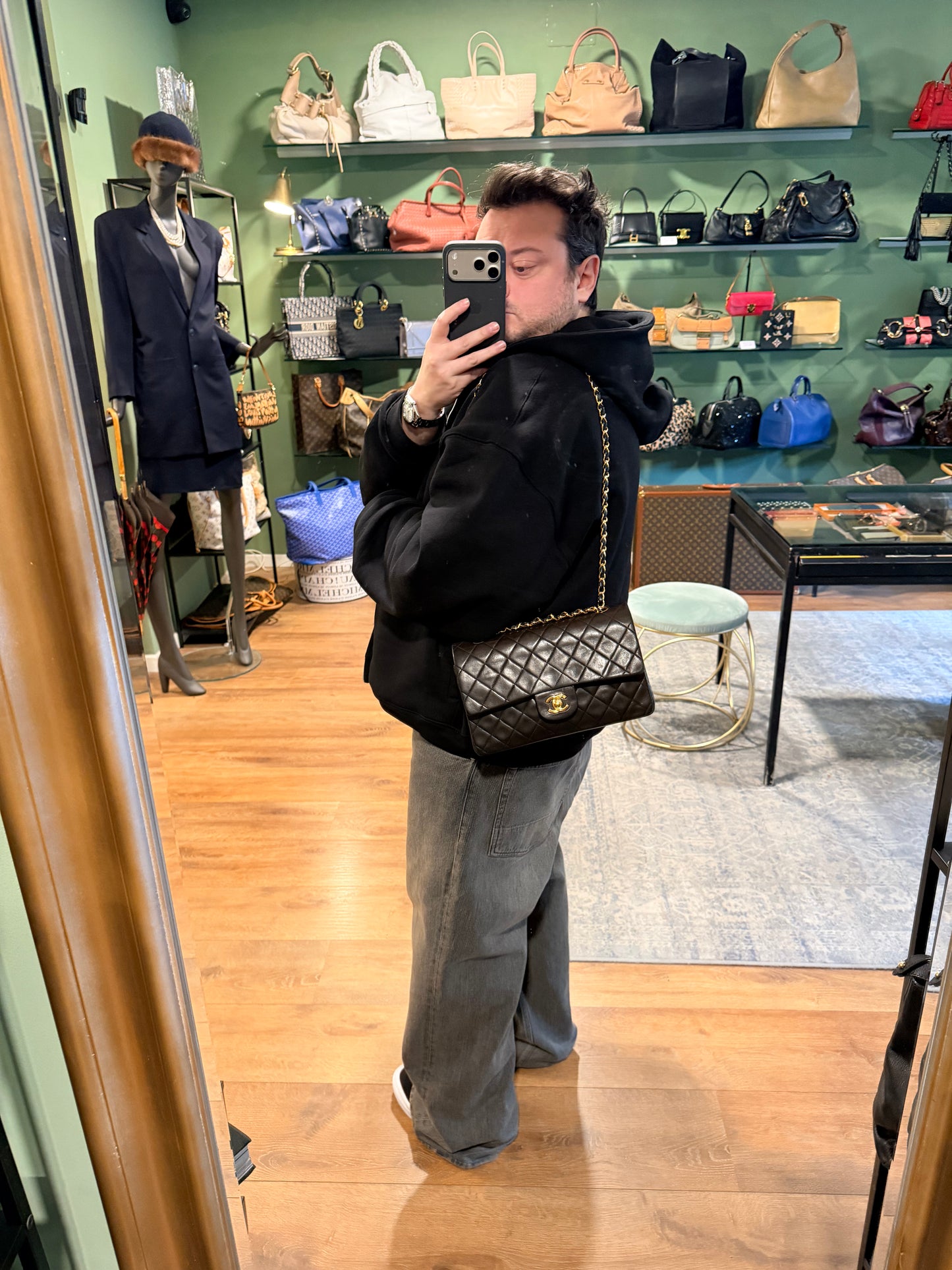 CHANEL BLACK LAMBSKIN TIMELESS MEDIUM CLASSIC DOUBLE FLAP SHOULDER BAG