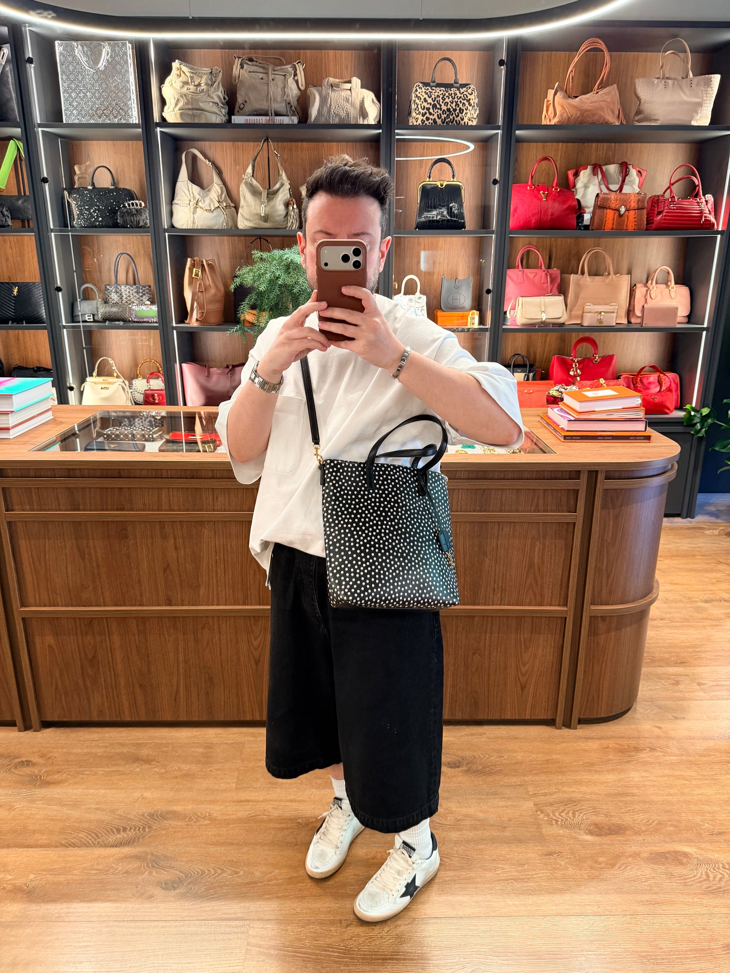SAINT LAURENT BLACK POLKA DOTS SMALL SHOPPING TOTE