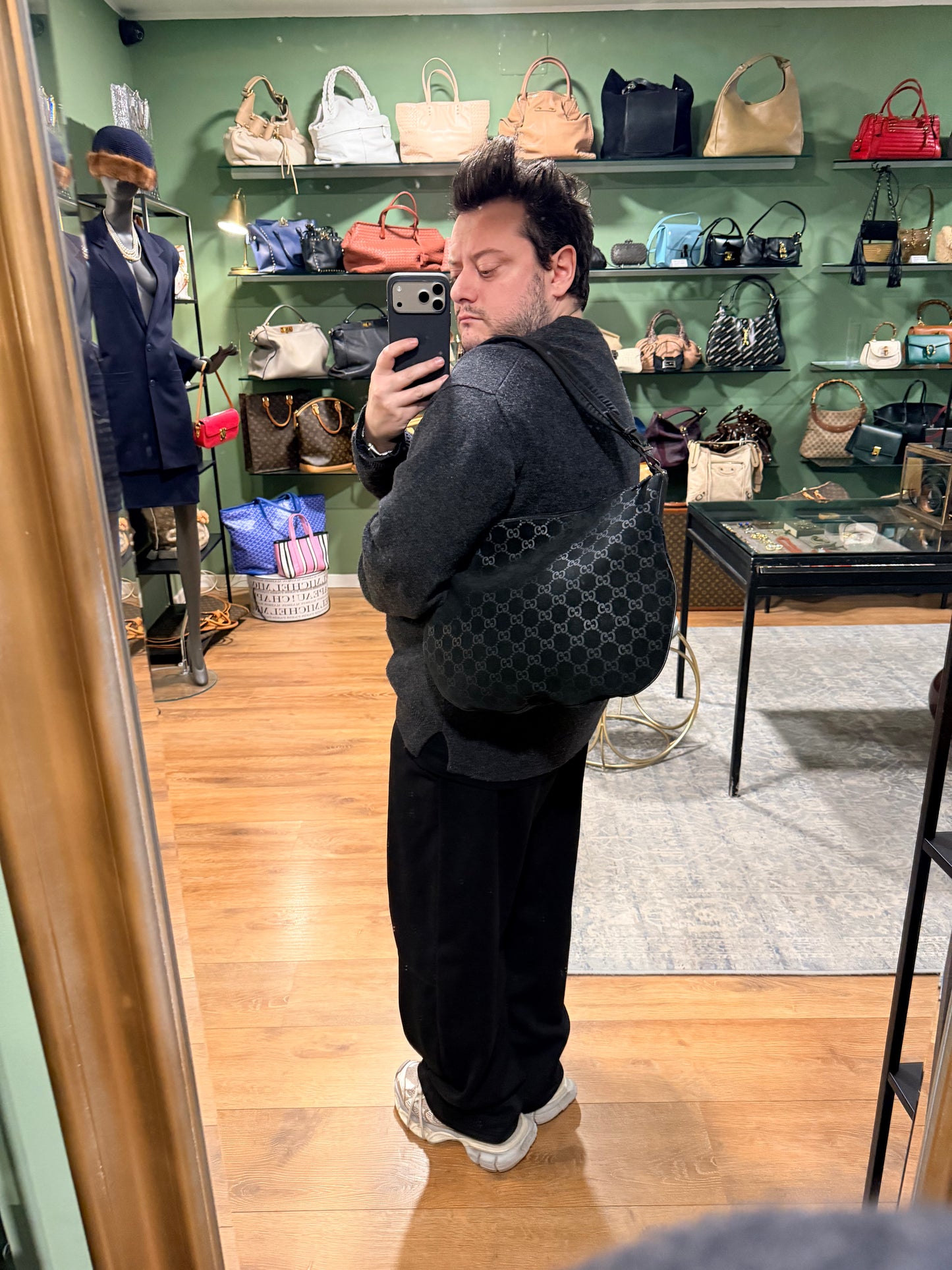 GUCCI BY TOM FORD BLACK GG SUEDE HOBO BAG