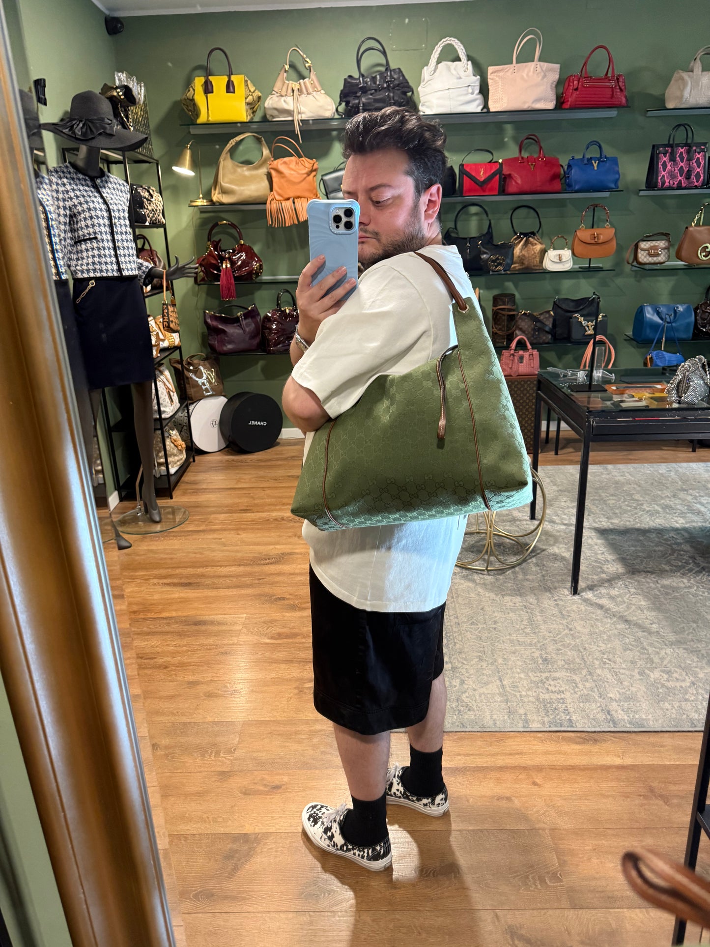 GUCCI ARMY GREEN MONOGRAM LARGE HOBO BAG