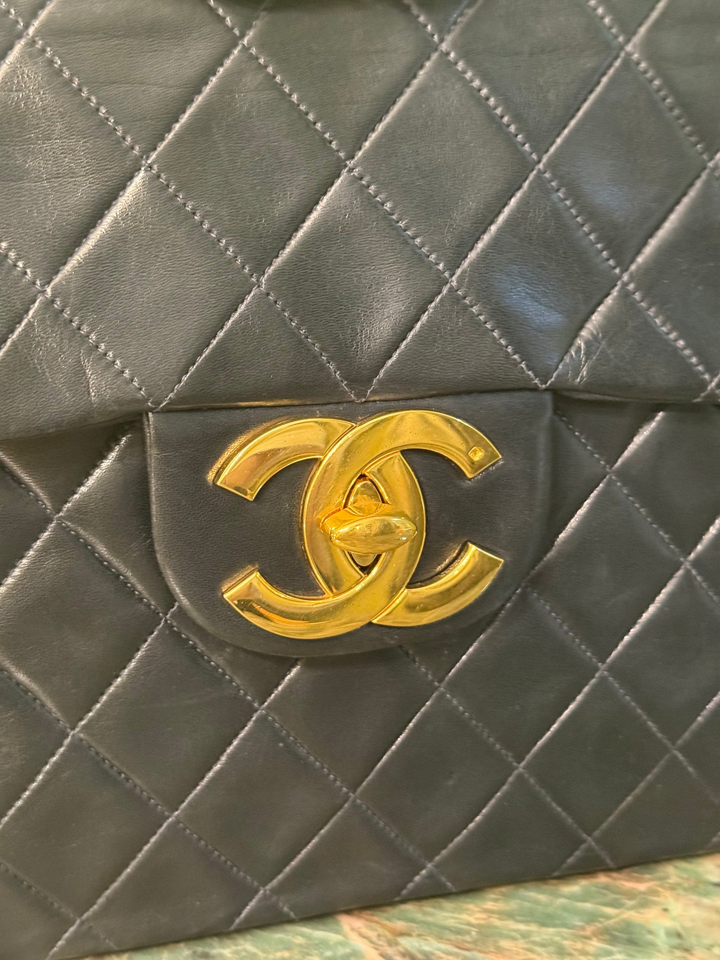 CHANEL DARK BLUE MAXI JUMBO BIG LOGO TIMELESS SINGLE FLAP SHOULDER BAG