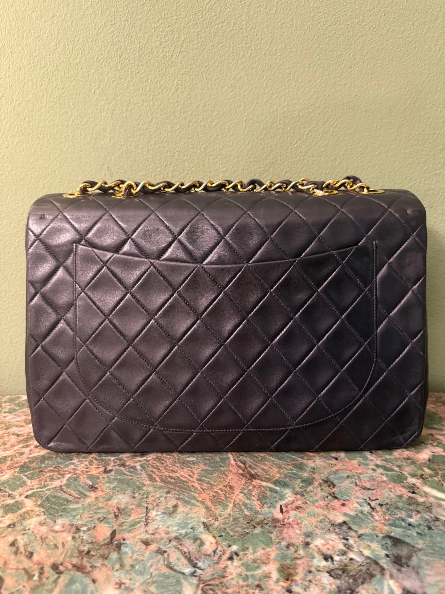 CHANEL DARK BLUE MAXI JUMBO BIG LOGO TIMELESS SINGLE FLAP SHOULDER BAG