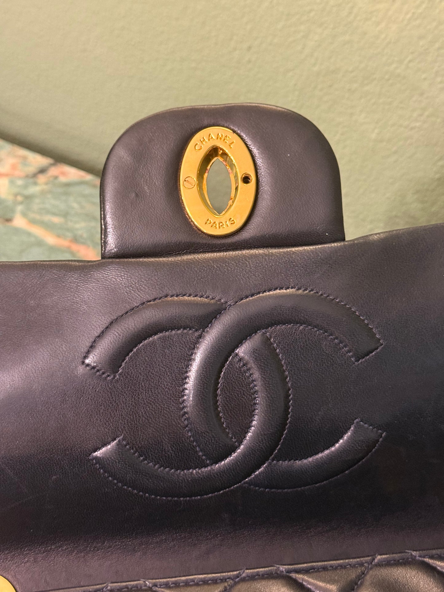 CHANEL DARK BLUE MAXI JUMBO BIG LOGO TIMELESS SINGLE FLAP SHOULDER BAG