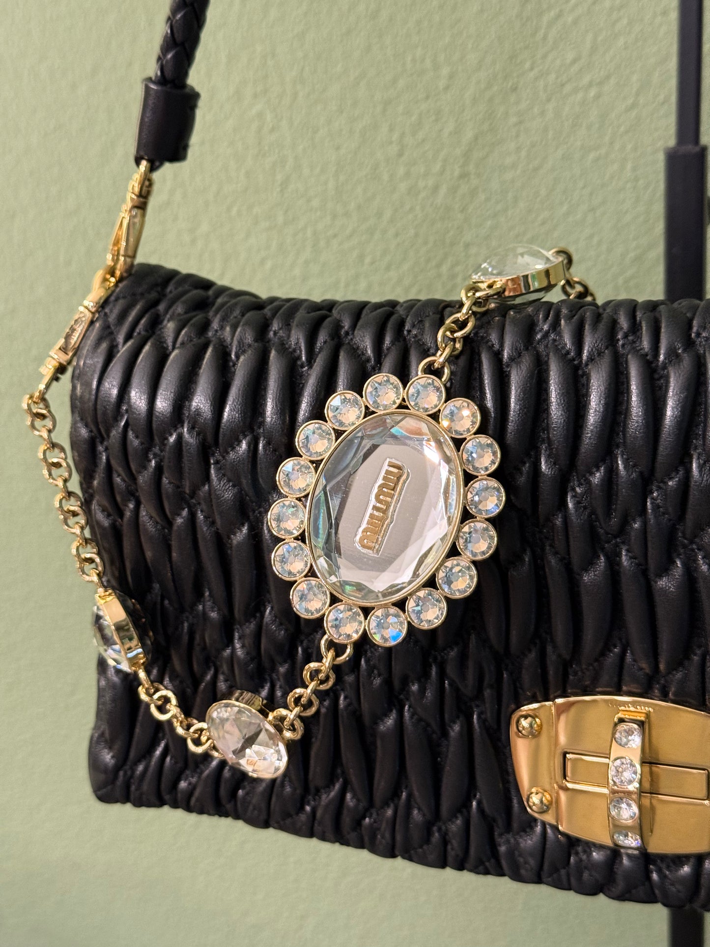 MIU MIU BLACK MATELASSE JEWEL CHAIN SHOULDER BAG