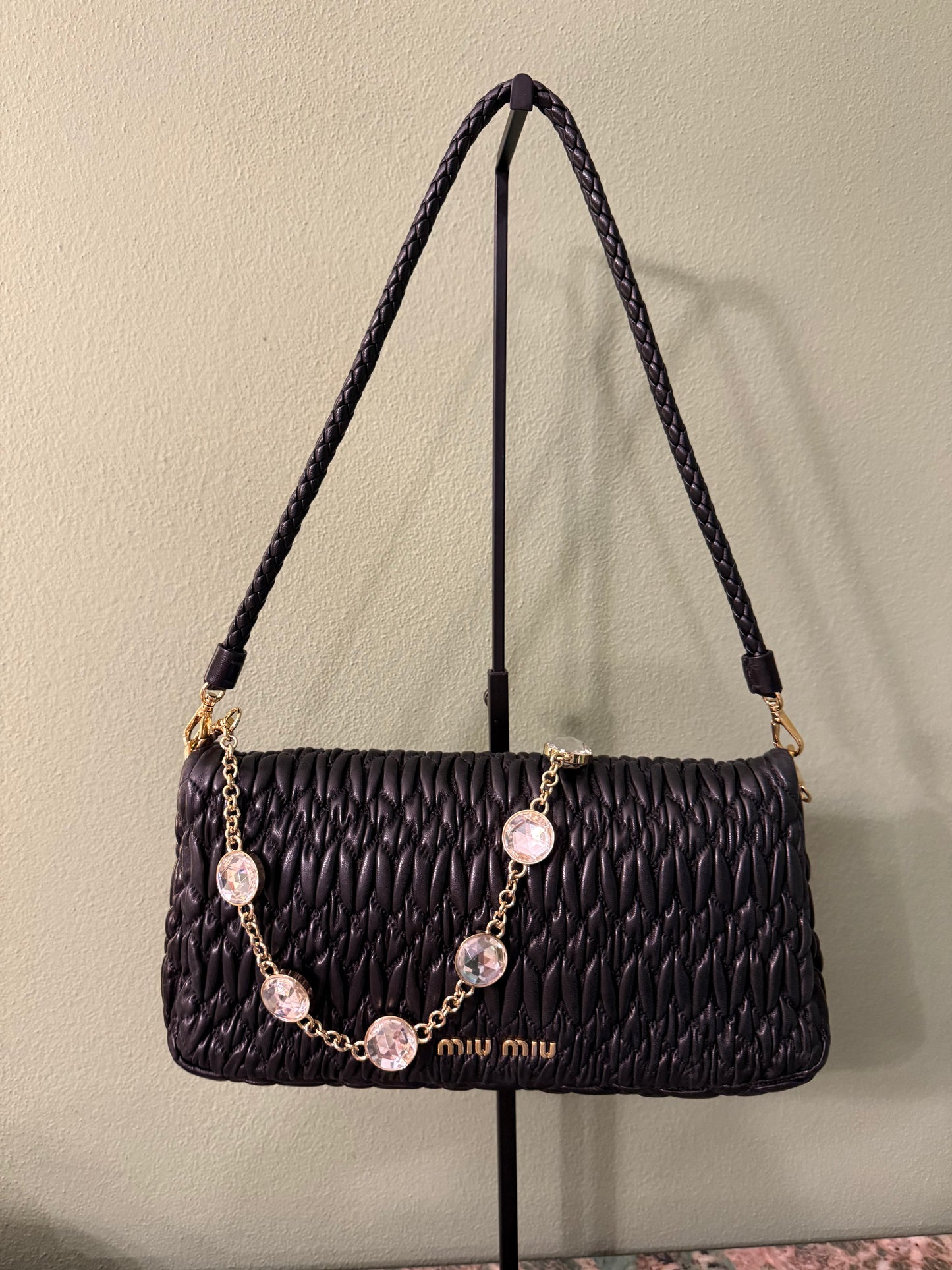 MIU MIU BLACK MATELASSE JEWEL CHAIN SHOULDER BAG