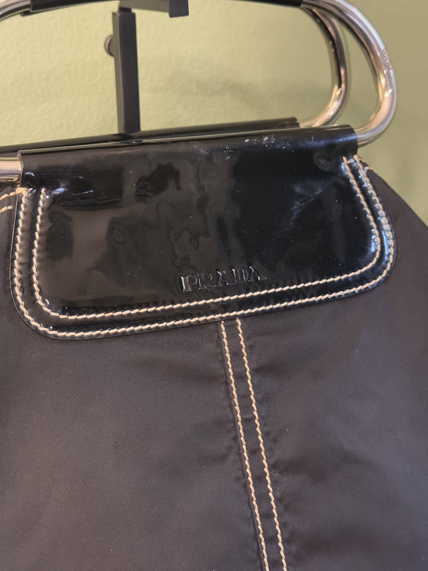 PRADA BLACK NYLON SS 2003 METAL HANDLE TOTE BAG
